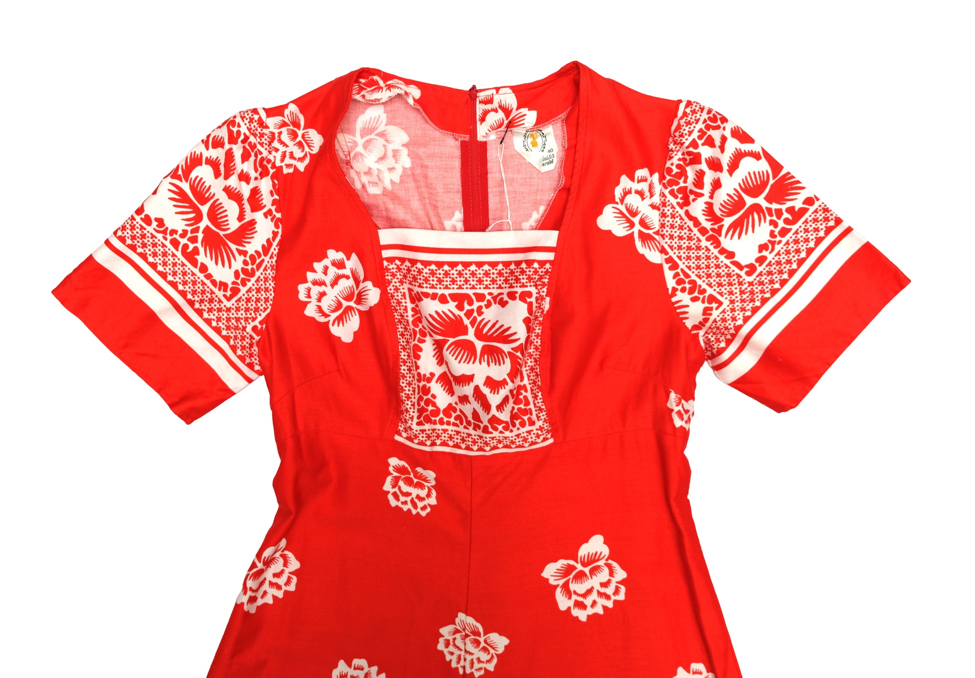 Mid Century Danish Maxi Dress in Red cotton with Floral Print, UK12-14