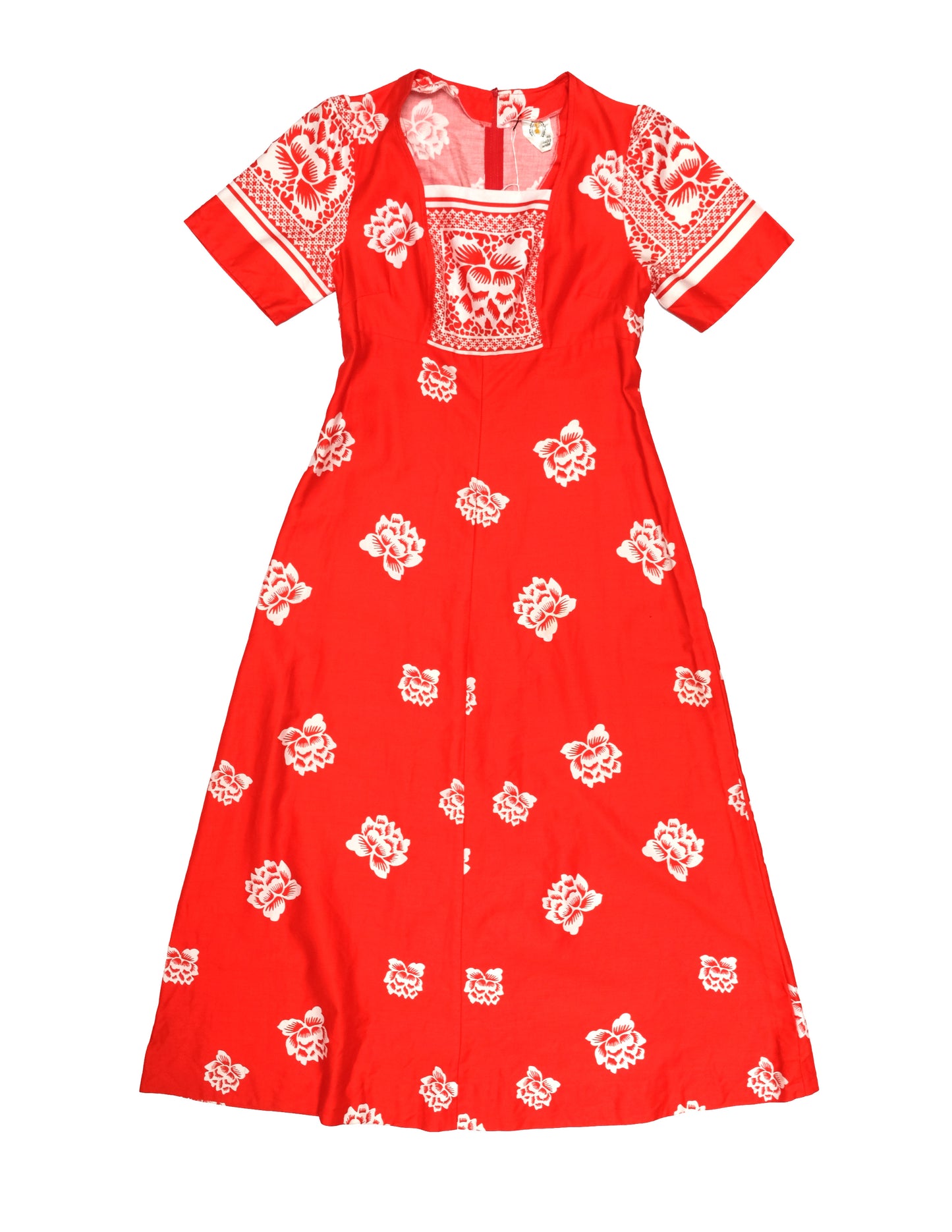 Mid Century Danish Maxi Dress in Red cotton with Floral Print, UK12-14