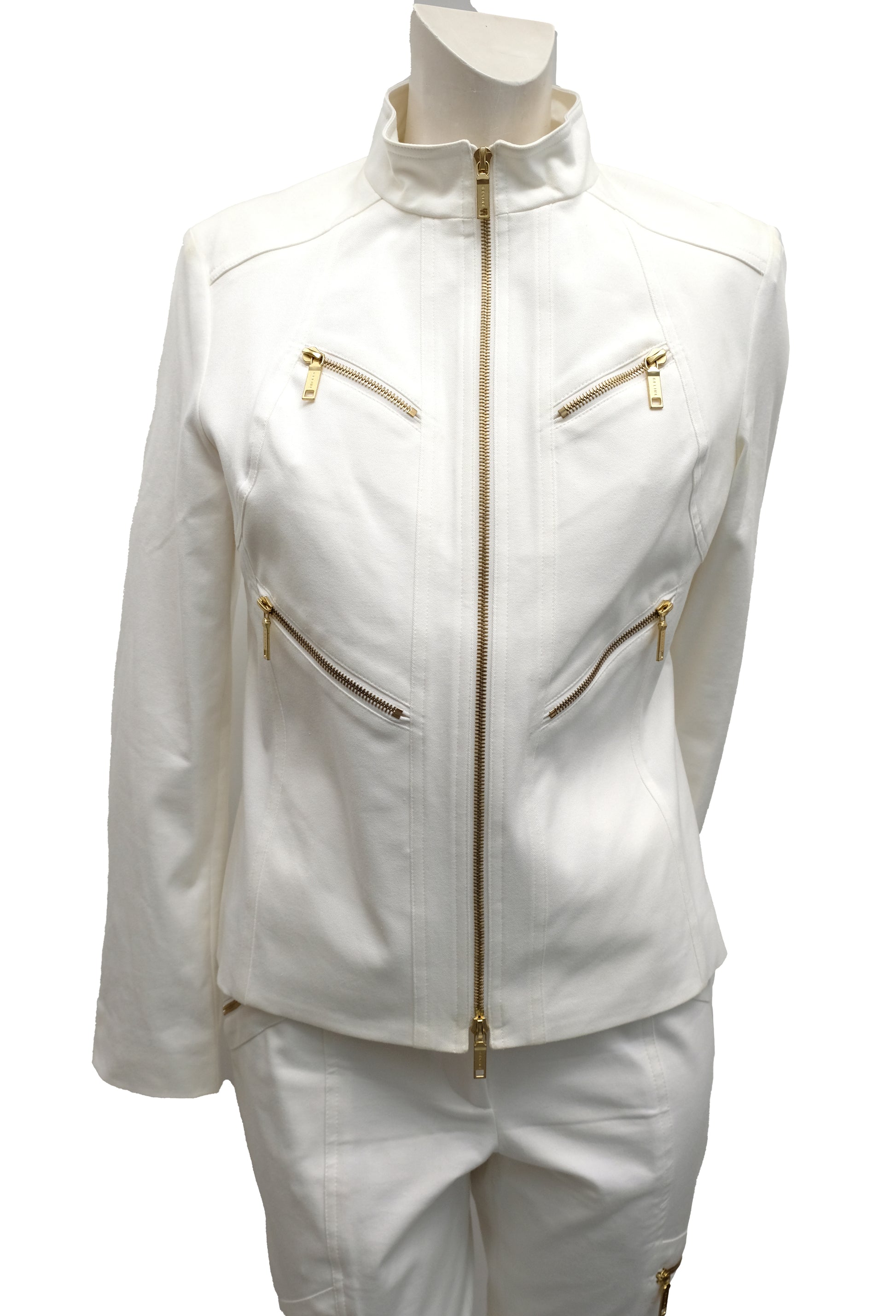 Celine 2 Piece Trouser Suit in Ivory Cotton with Gold Zips, UK10-12