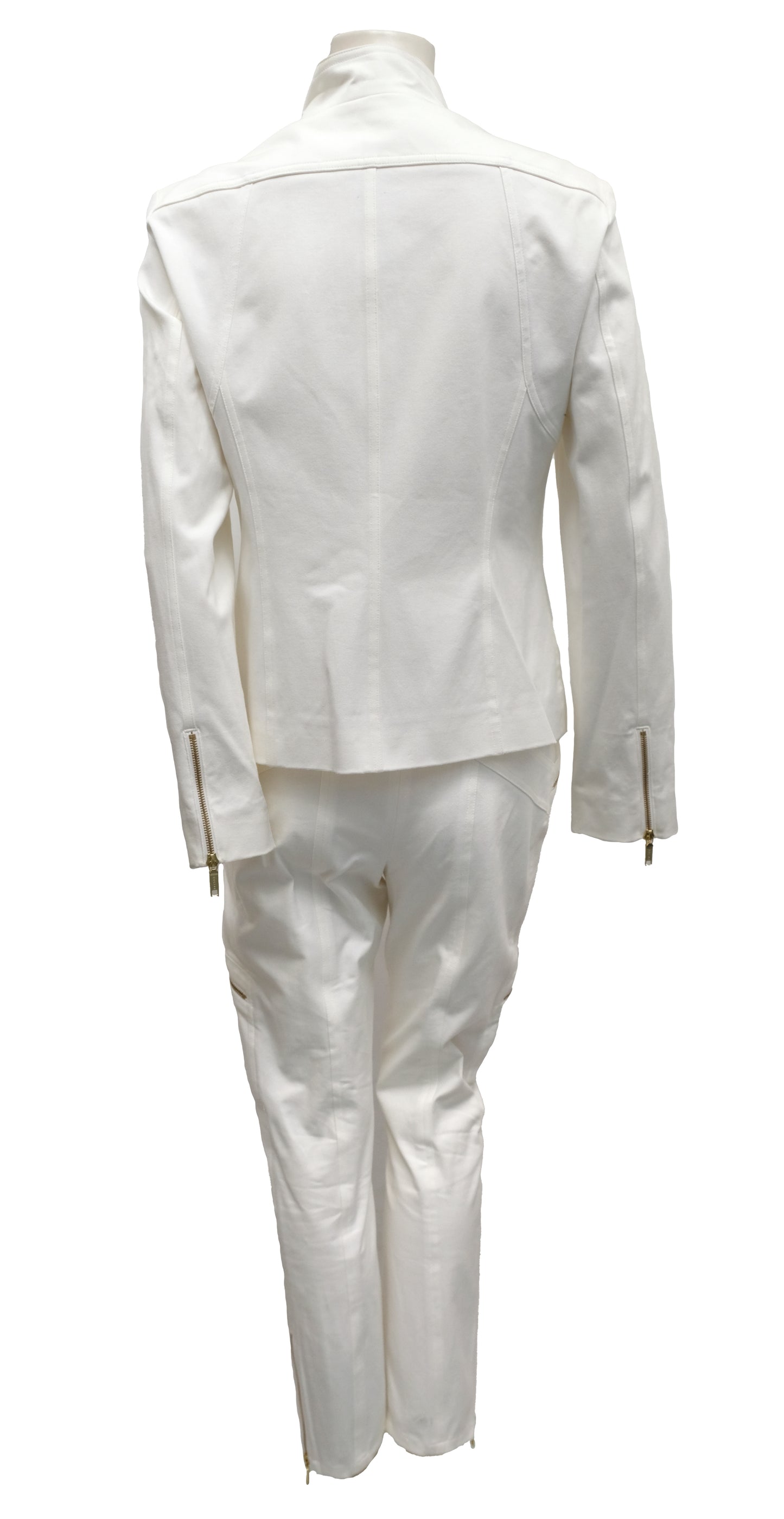Celine 2 Piece Trouser Suit in Ivory Cotton with Gold Zips, UK10-12