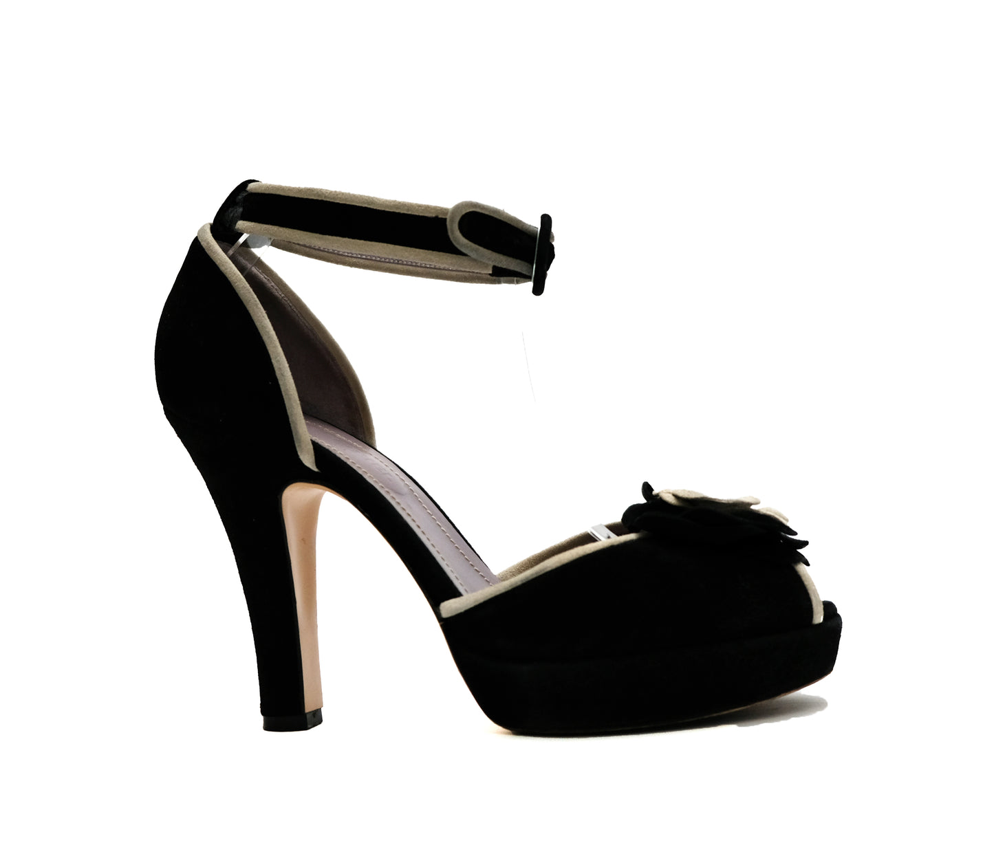 Sonia Rykiel Black Suede High Heel Platform Sandals with Ecru Flower Detail, UK6.5