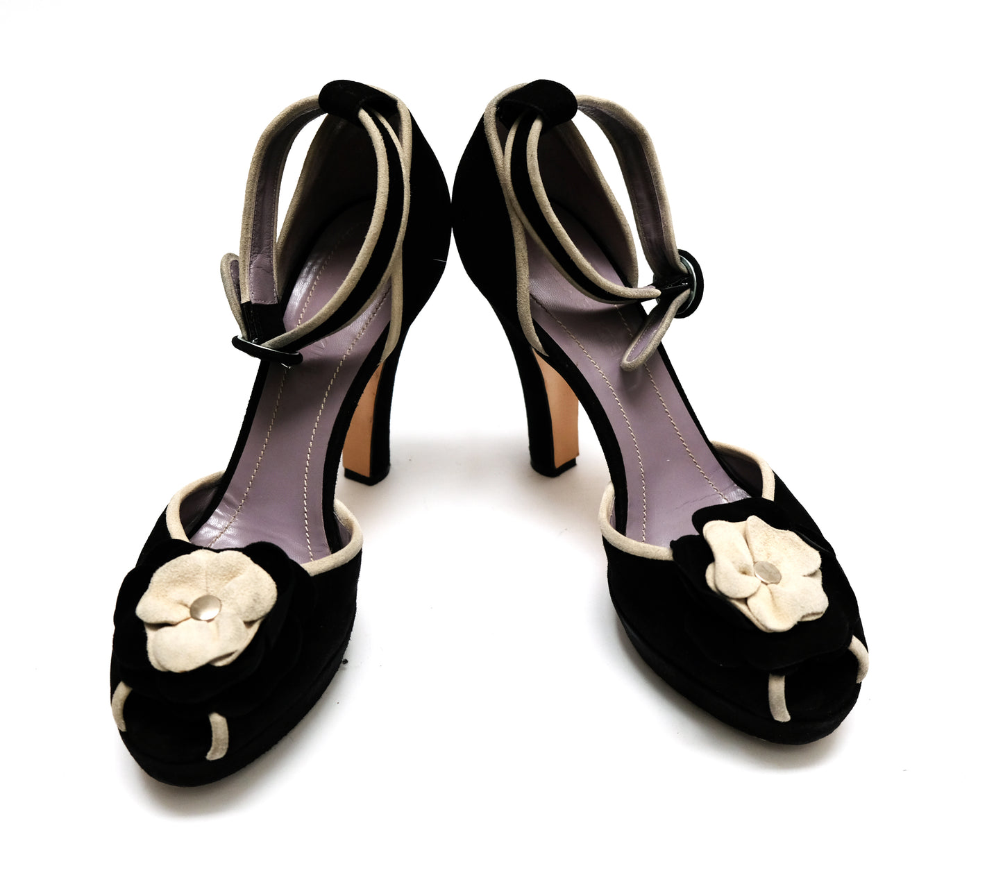 Sonia Rykiel Black Suede High Heel Platform Sandals with Ecru Flower Detail, UK6.5