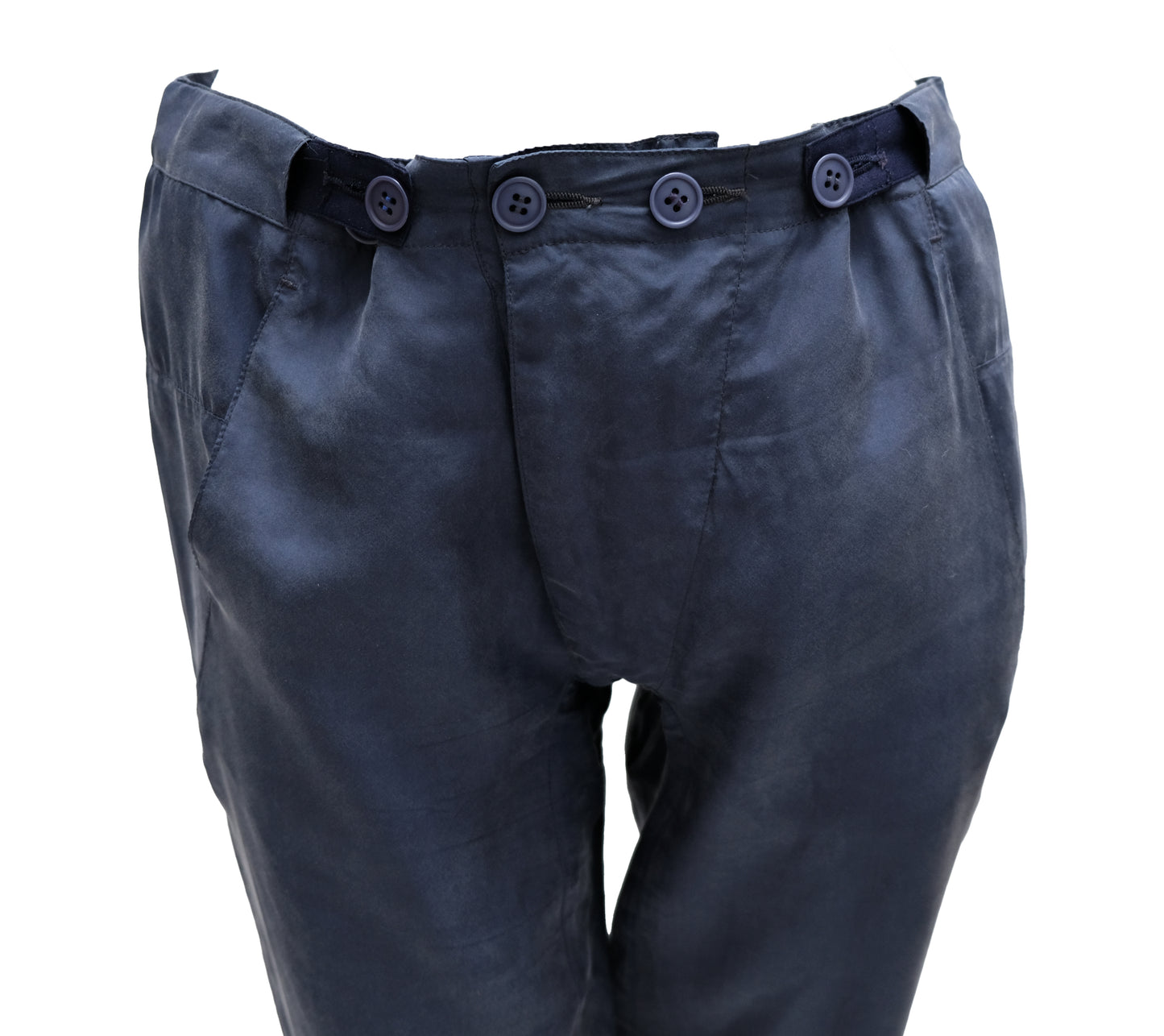 Martin Margiela Button Waist Trousers in Navy Blue Silk, UK12