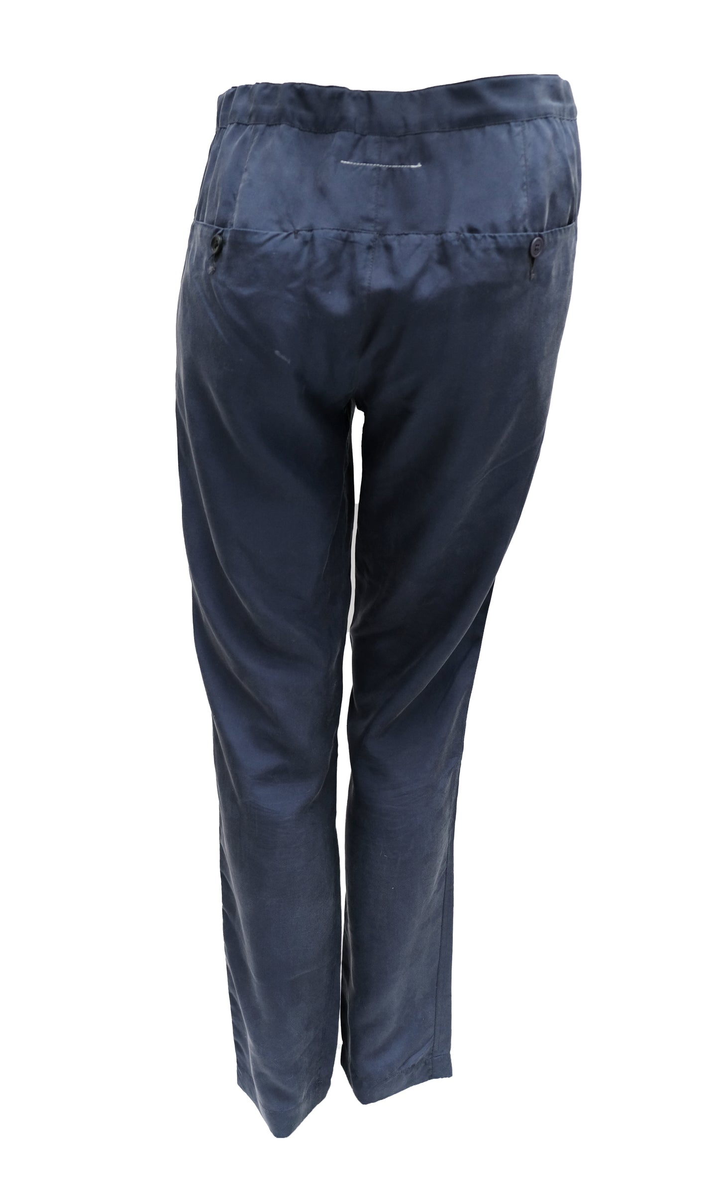 Martin Margiela Button Waist Trousers in Navy Blue Silk, UK12