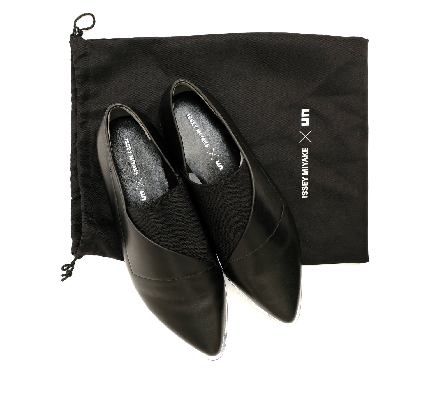 Issey Miyake Pointed Toe Flat Loafers in Black Leather with Silver Detail, UK5