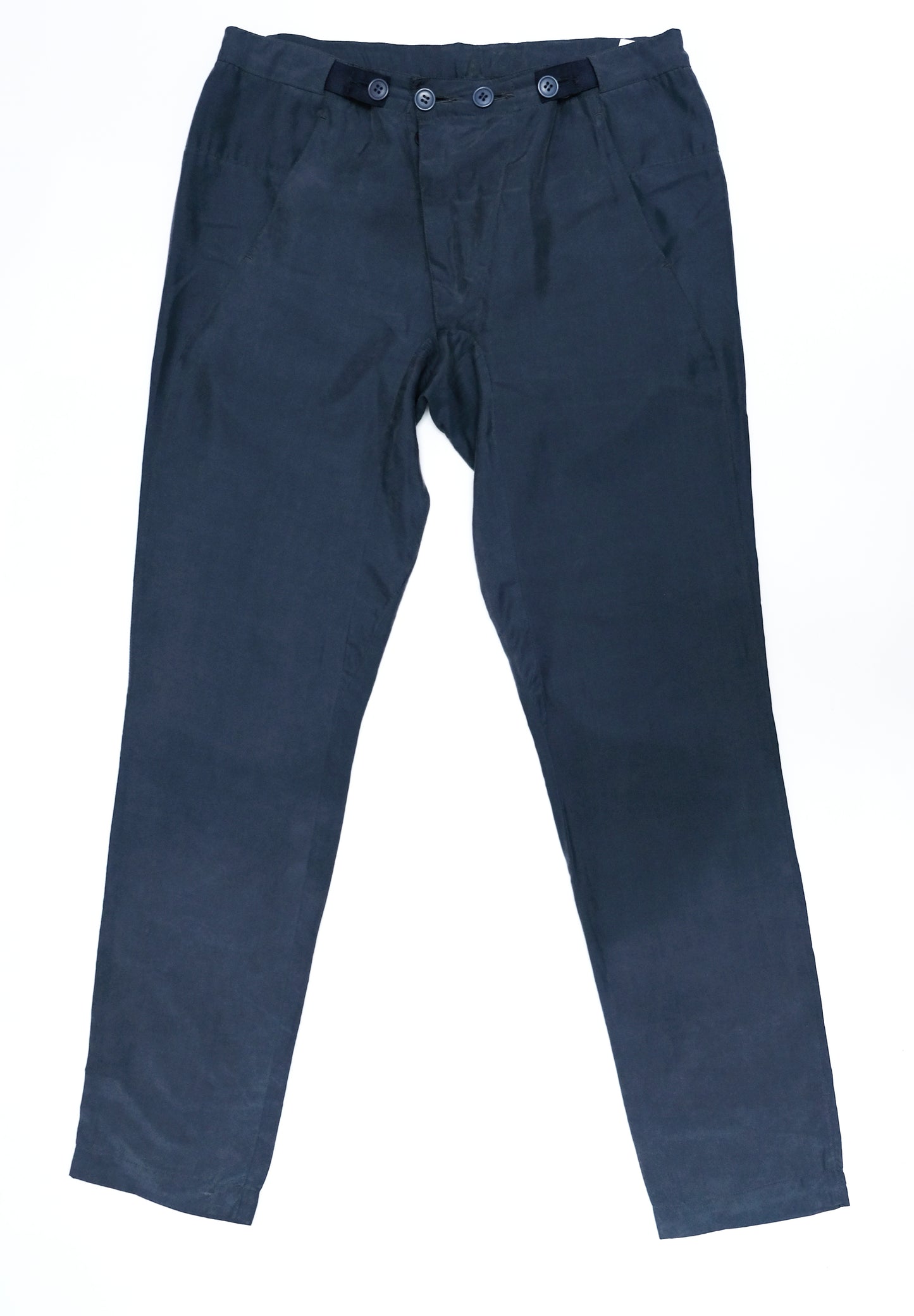 Martin Margiela Button Waist Trousers in Navy Blue Silk, UK12