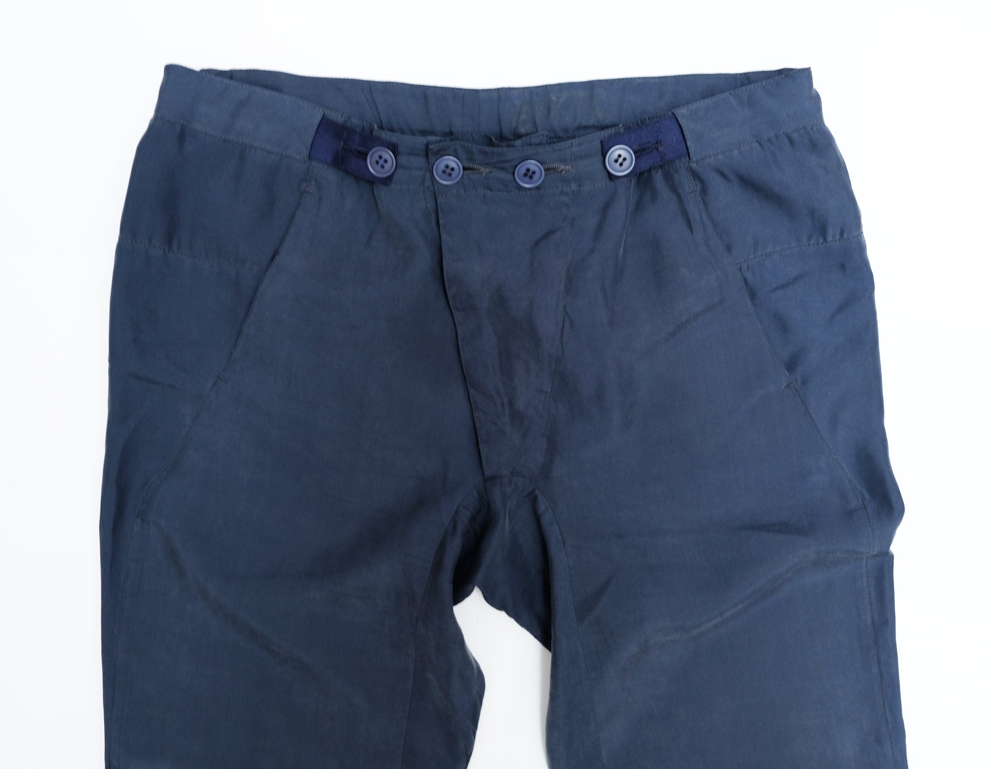Martin Margiela Button Waist Trousers in Navy Blue Silk, UK12