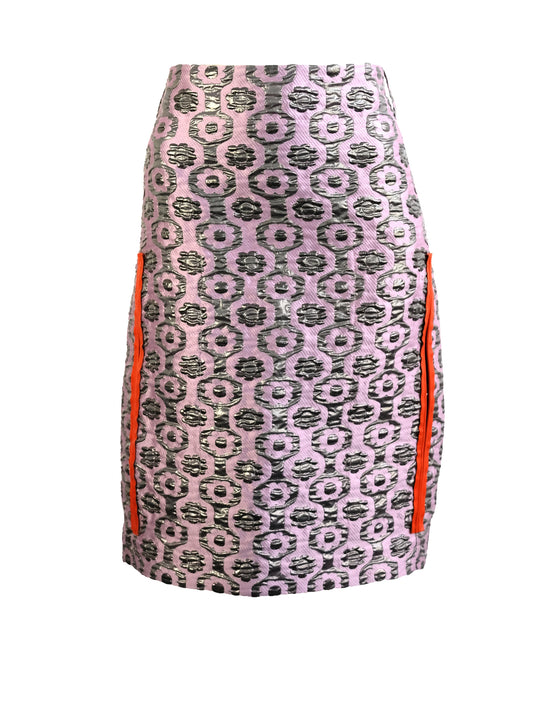 Marni Skirt in Pink and Silver Brocade with Orange Leather Trim, UK12