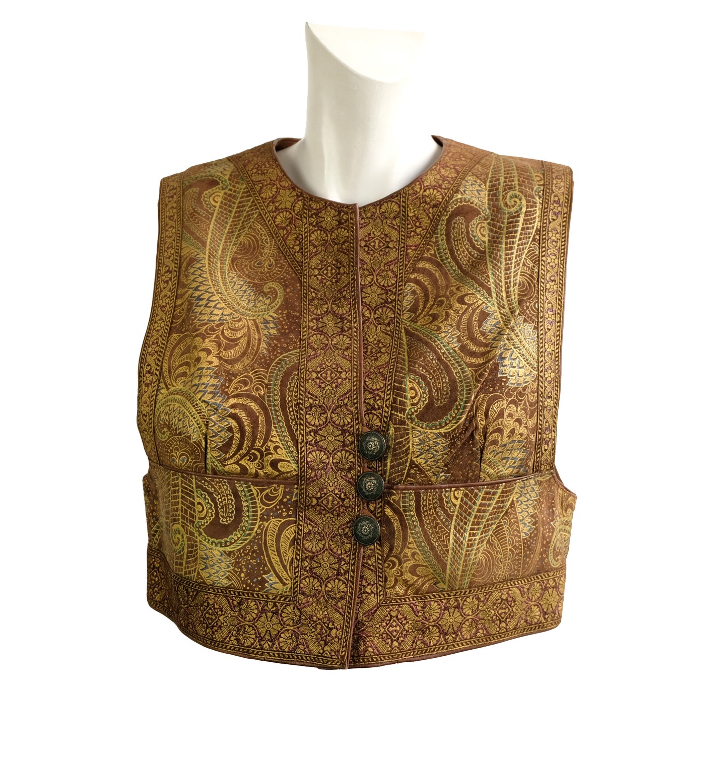 Vintage Hand Painted Cropped Waistcoat in Brown Nubuck, S