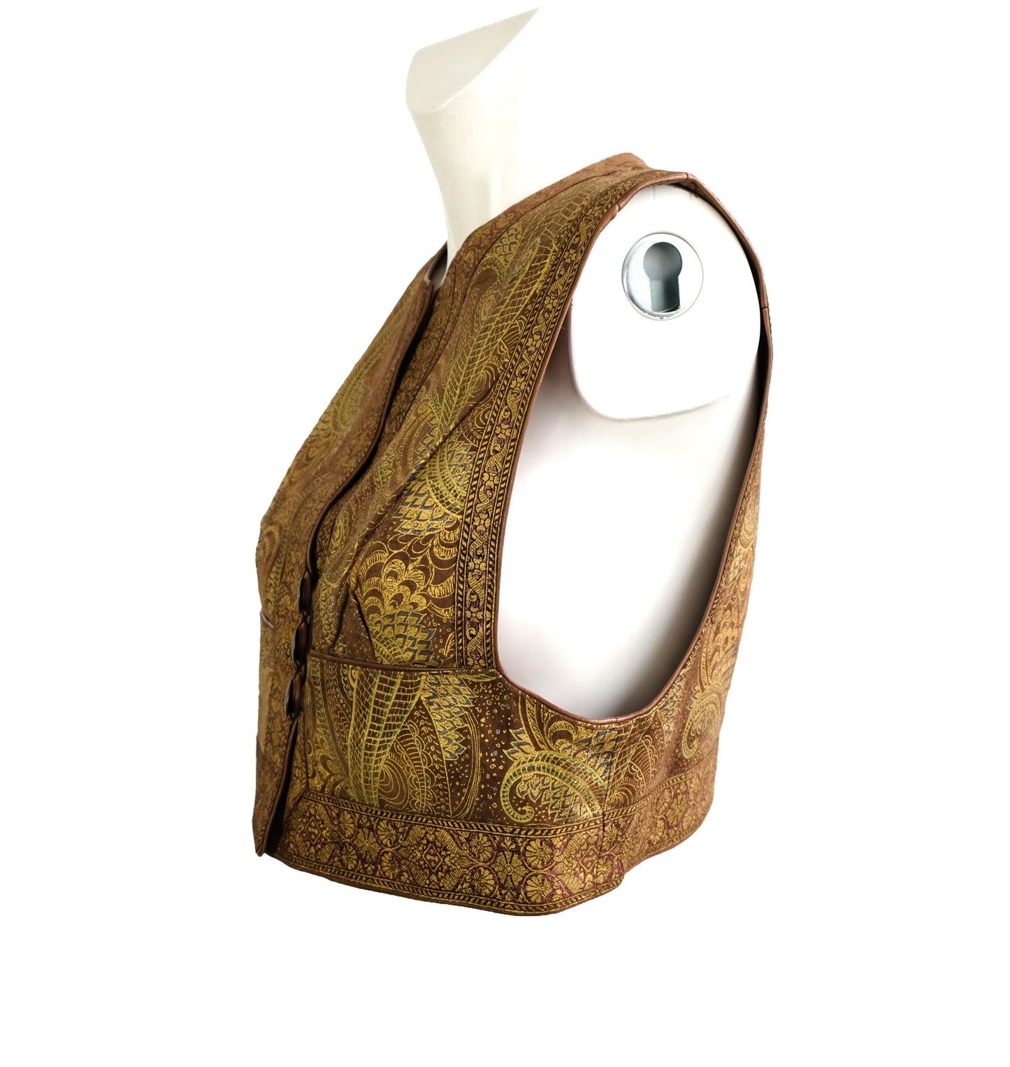 Vintage Hand Painted Cropped Waistcoat in Brown Nubuck, S