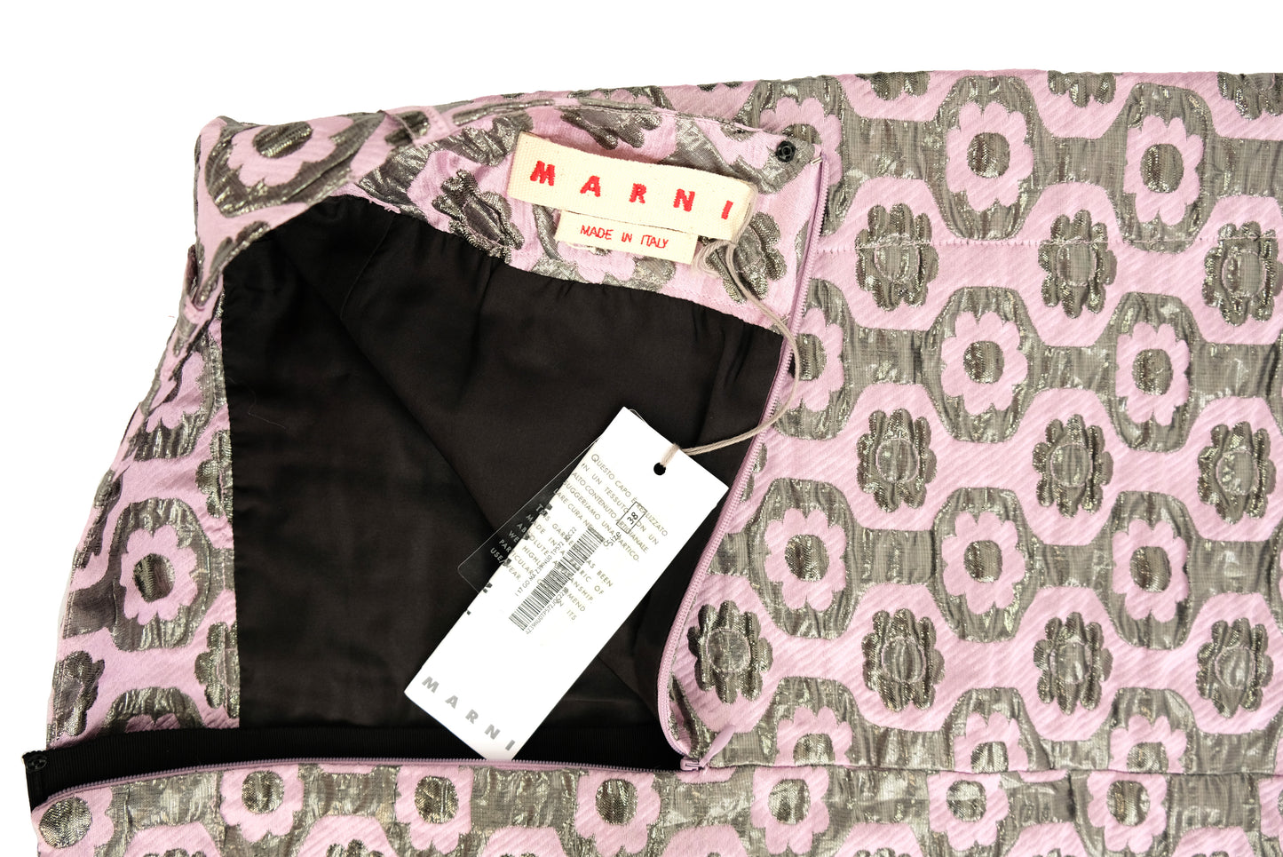 Marni Skirt in Pink and Silver Brocade with Orange Leather Trim, UK12