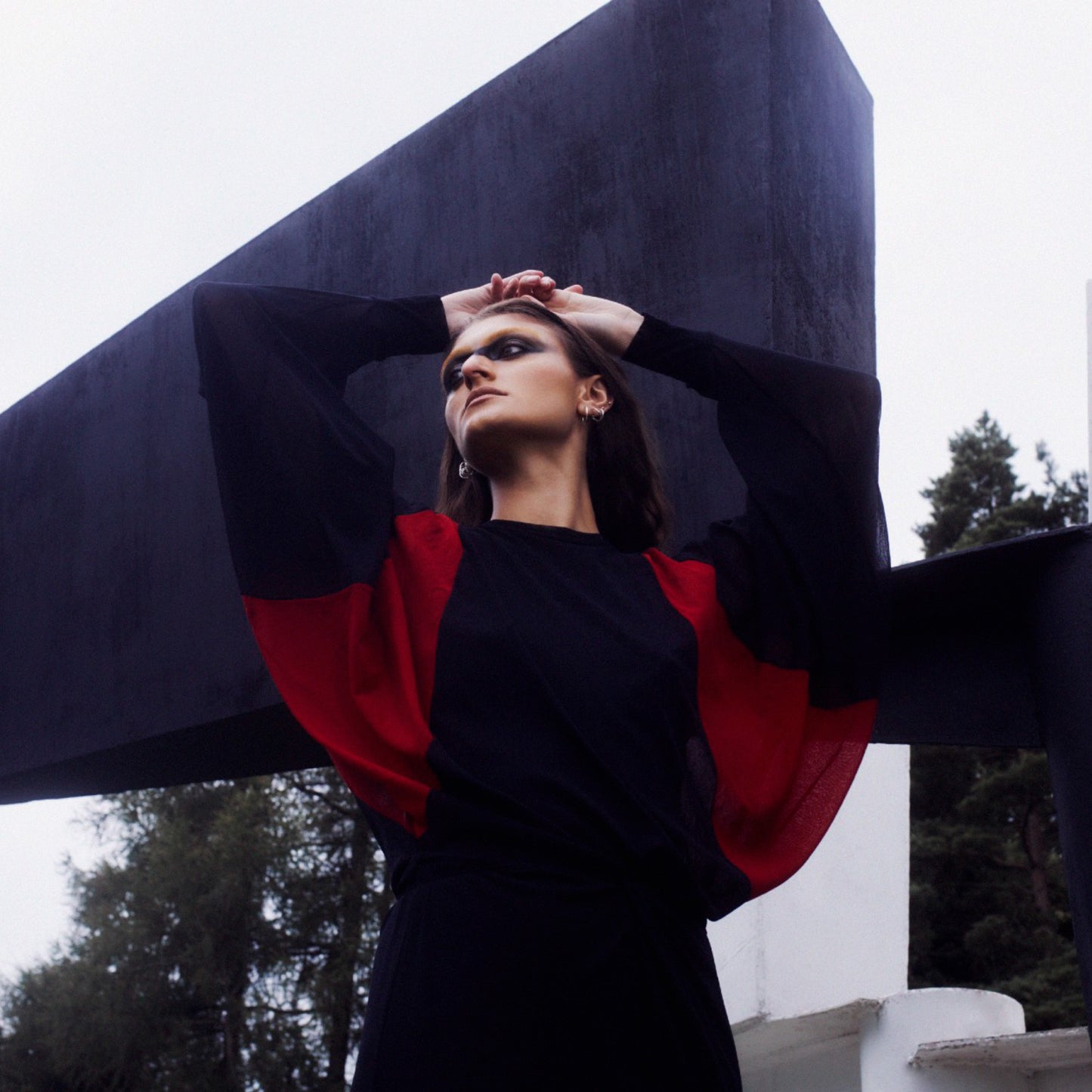 Jean Paul Gaultier Vintage Black Net Dress with Red Batwing Sleeves, UK10-12