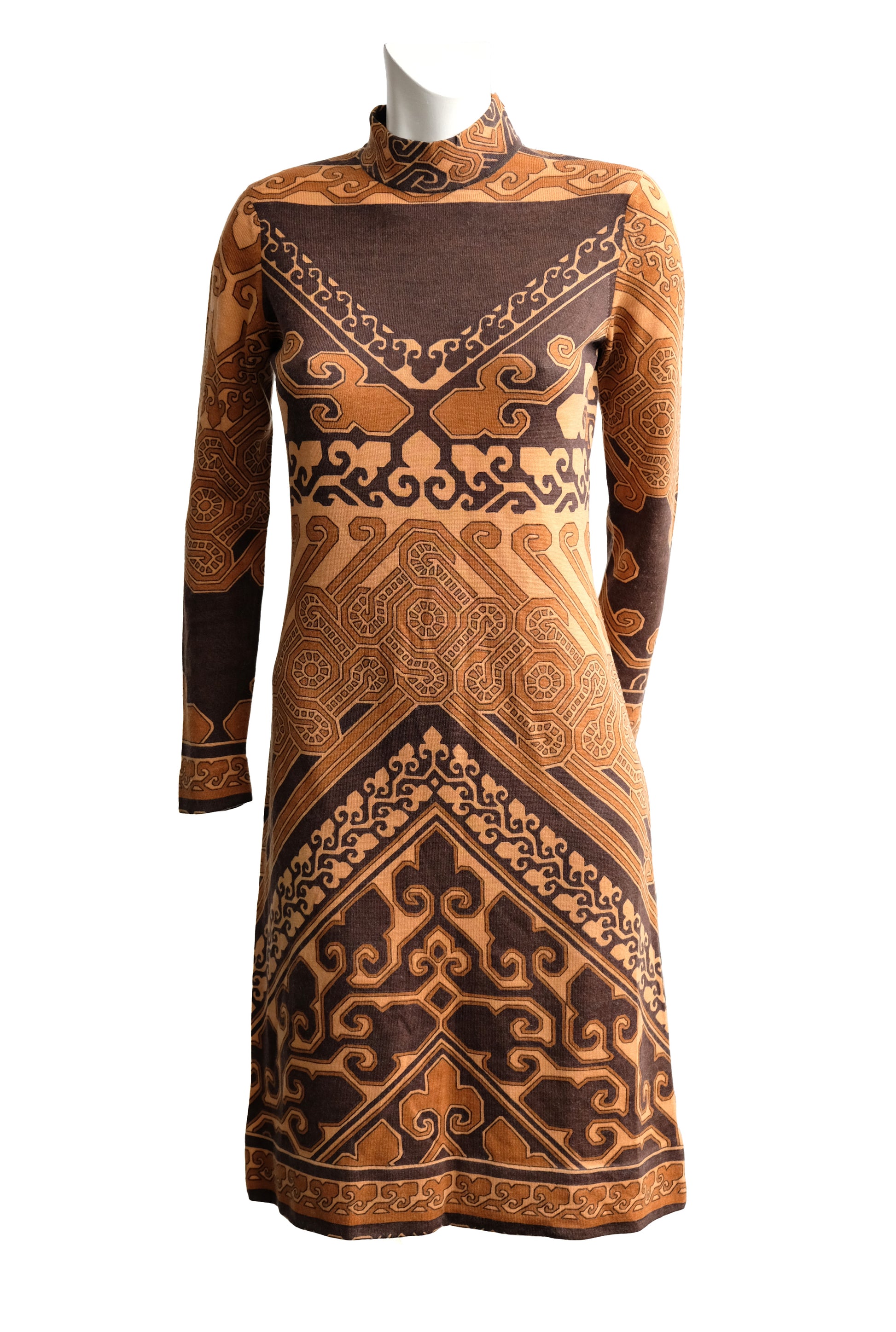 1970s Vintage Brown Geometric Jersey Dress, possibly Leonard Paris , UK10