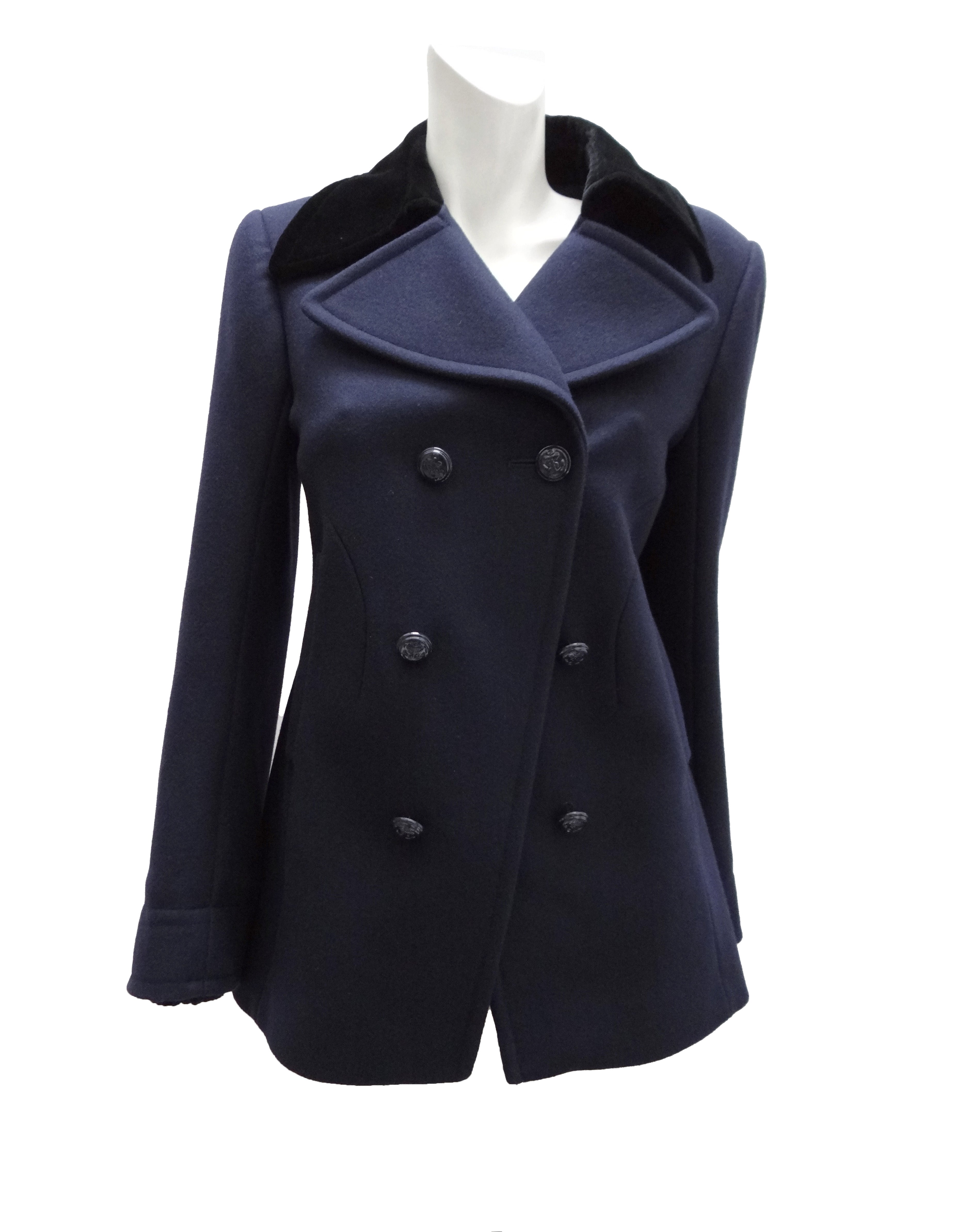 Alexander McQueen Smart Navy Pea Coat with Velvet Collar UK8 10 Menage Modern Vintage