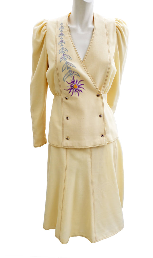 Bill Gibb Vintage Skirt Suit in Cream Wool Crepe with Embroidery, UK10-12