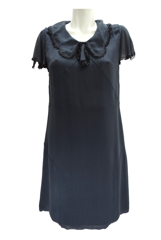 Nicole Farhi Charcoal Grey Silk Shift Dress with Beaded Trim, UK12