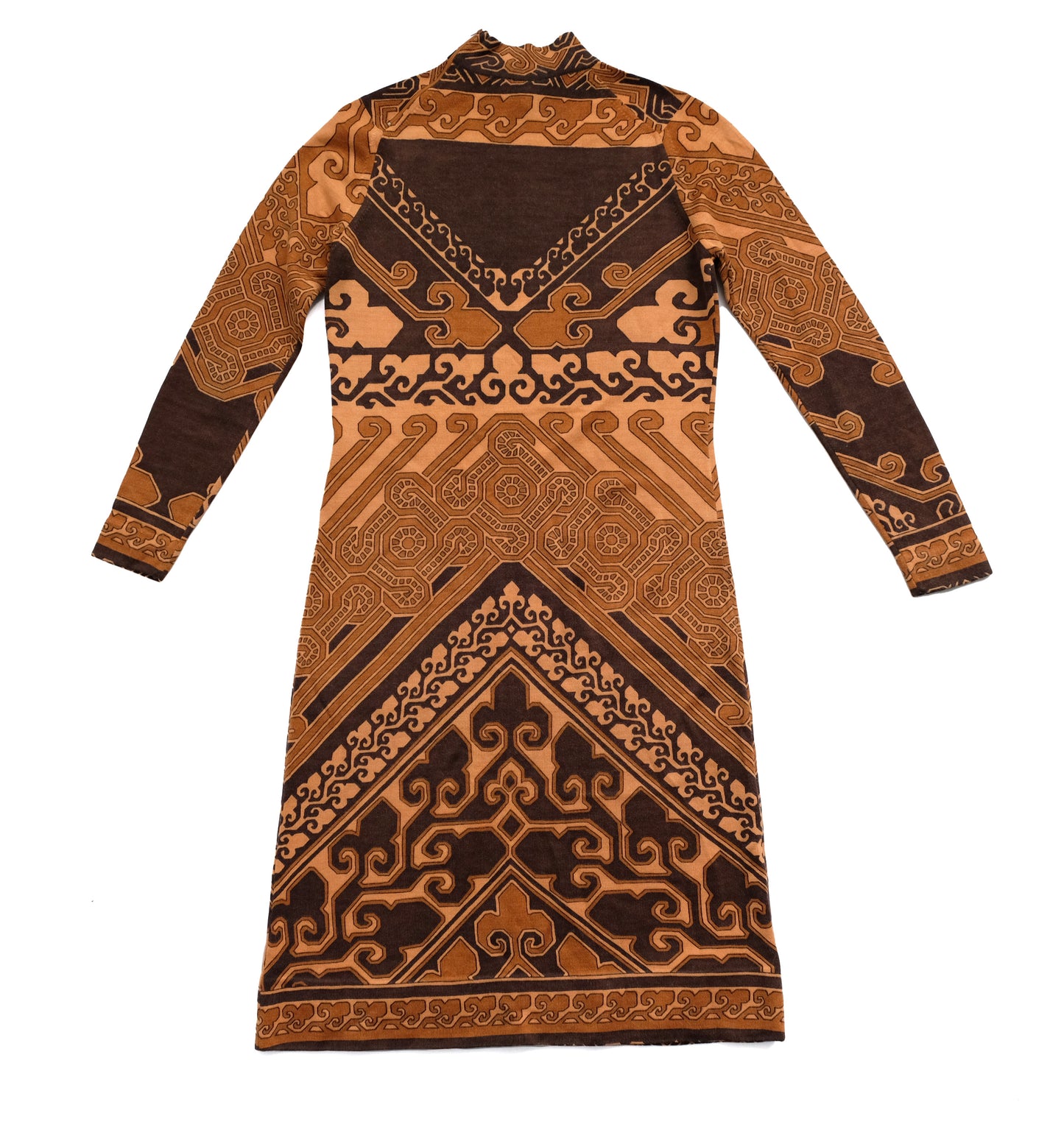 1970s Vintage Brown Geometric Jersey Dress, possibly Leonard Paris