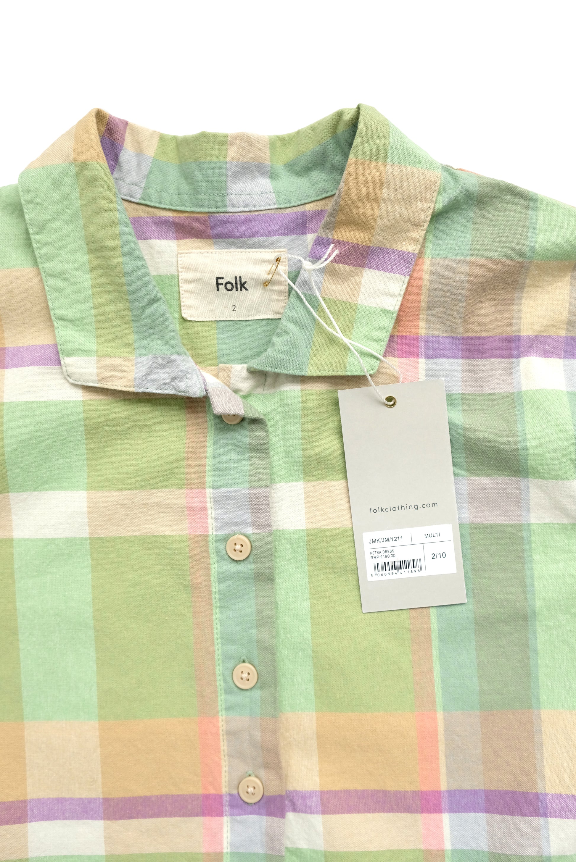 Folk Summer Shirtdress in Pale Green Check Cotton