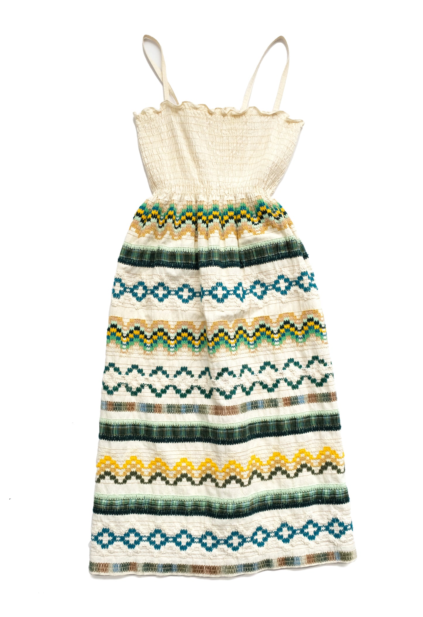 1970s Vintage Smocked Sundress with Embroidered Skirt, UK8