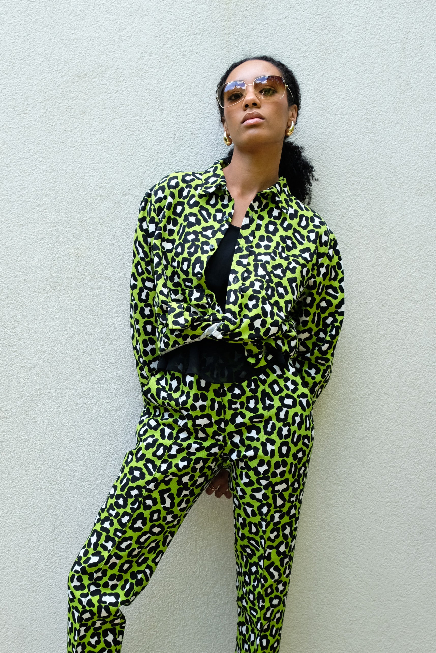 Bottega Veneta Leopard Print Trouser Suit in Lime Green UK12 Menage Modern Vintage