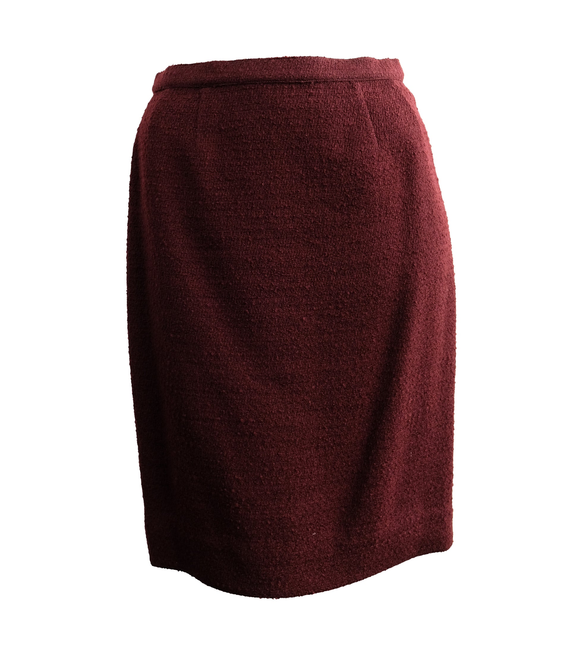 Karl Lagerfeld Vintage Skirt Suit in Burgundy Bouclé Wool with Velvet Trim, UK10-12