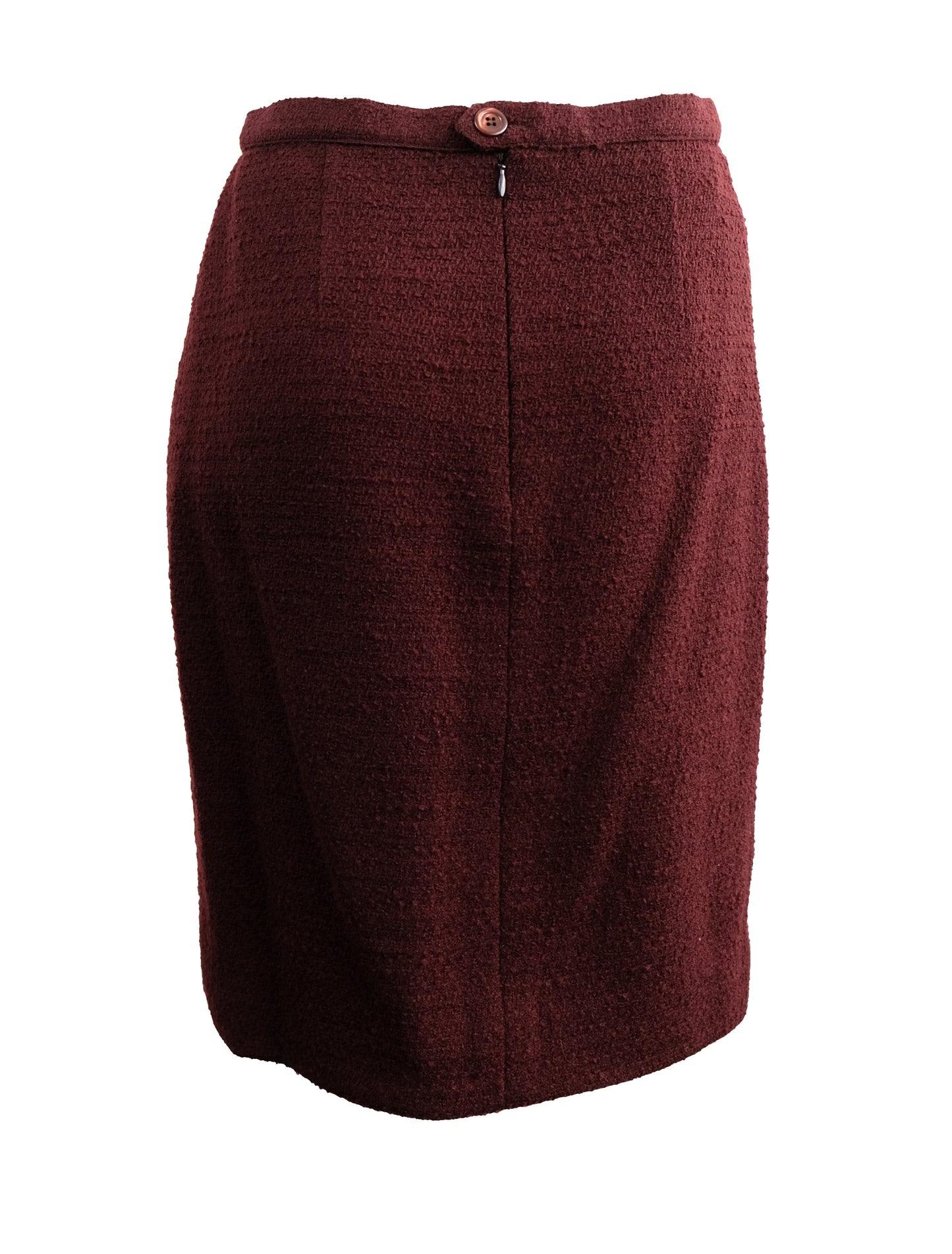 Karl Lagerfeld Vintage Skirt Suit in Burgundy Bouclé Wool with Velvet Trim, UK10-12