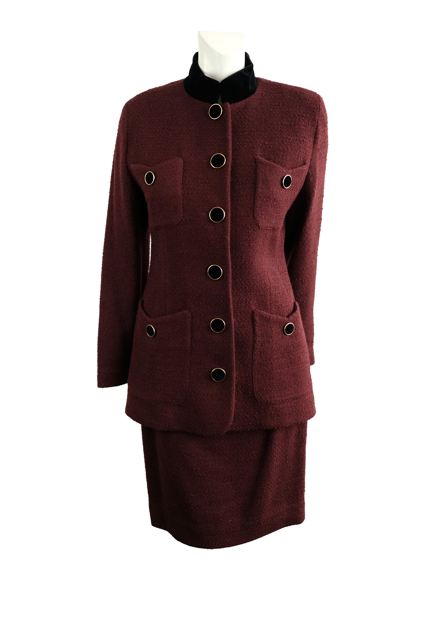 Karl Lagerfeld Vintage Skirt Suit in Burgundy Bouclé Wool with Velvet Trim, UK10-12