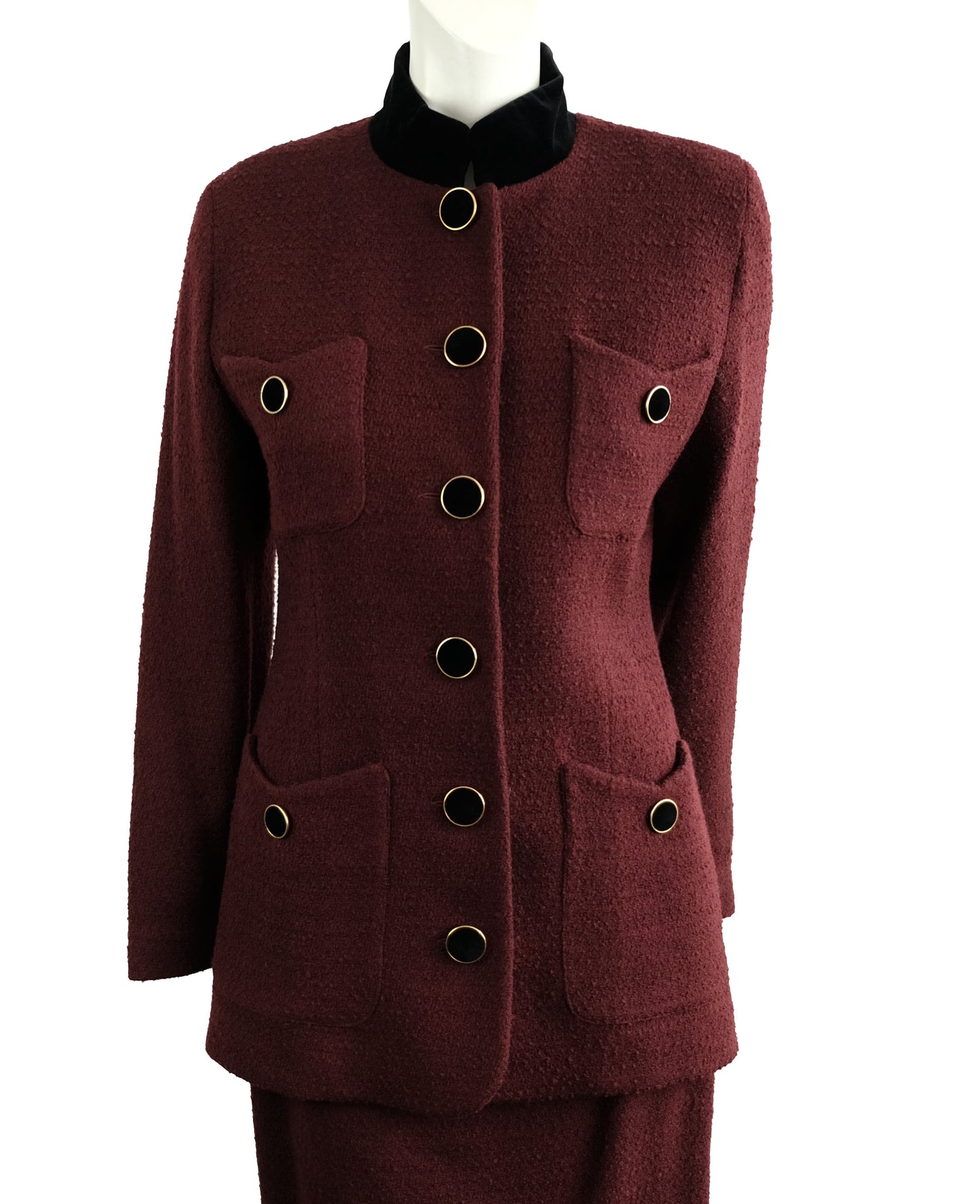 Karl Lagerfeld Vintage Skirt Suit in Burgundy Bouclé Wool with Velvet Trim, UK10-12