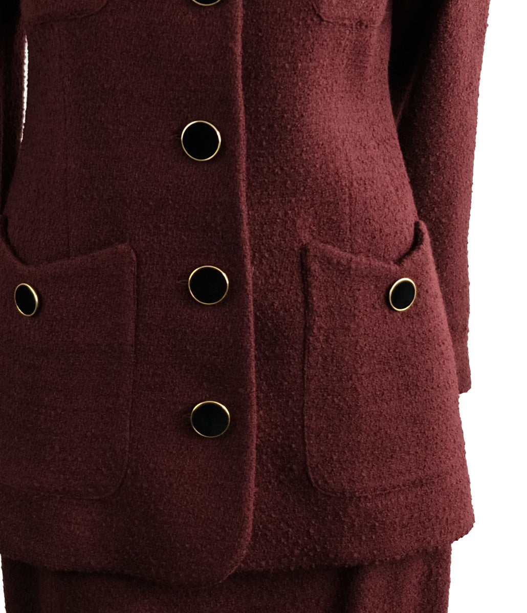 Karl Lagerfeld Vintage Skirt Suit in Burgundy Bouclé Wool with Velvet Trim, UK10-12