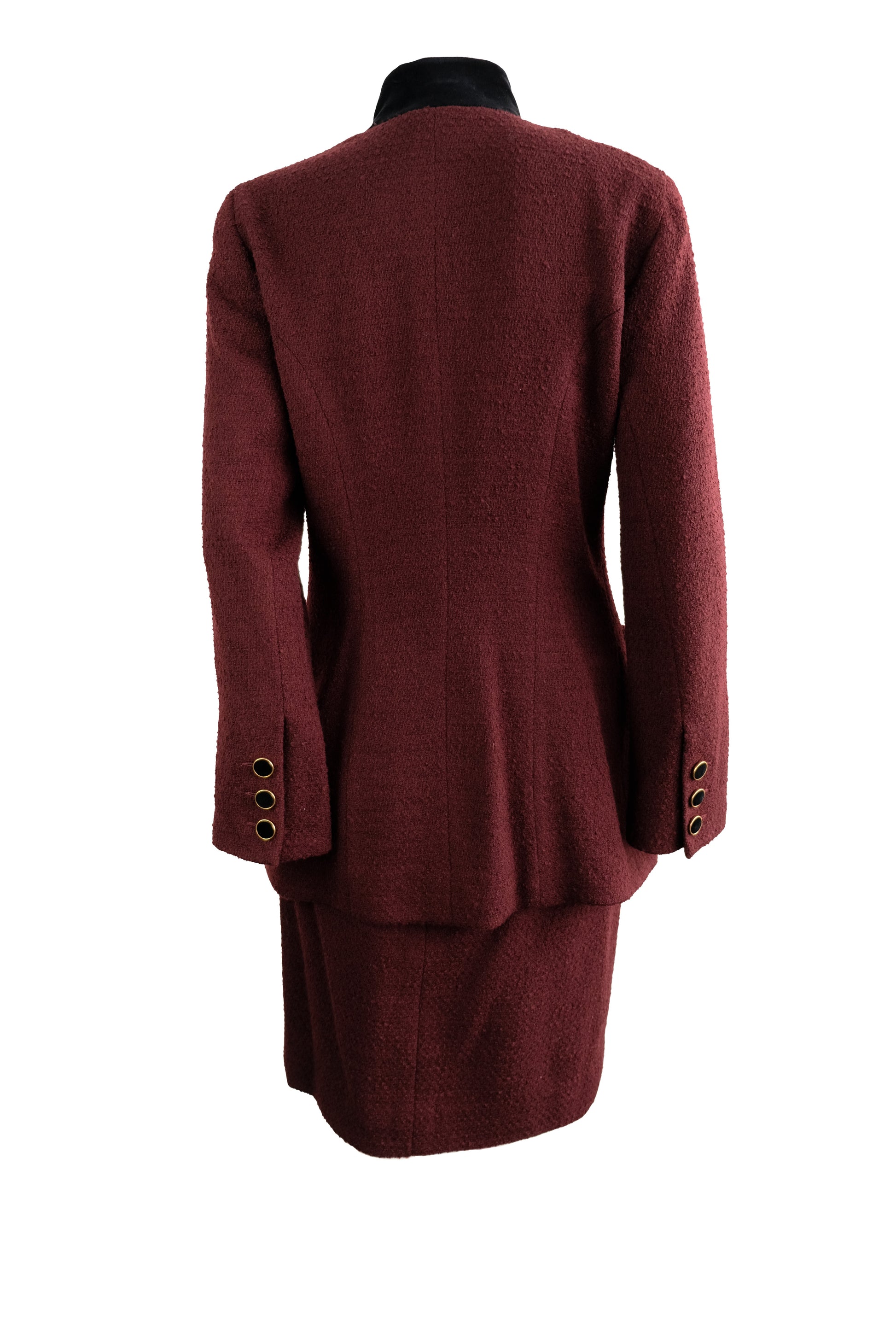 Karl Lagerfeld Vintage Skirt Suit in Burgundy Bouclé Wool with Velvet Trim, UK10-12