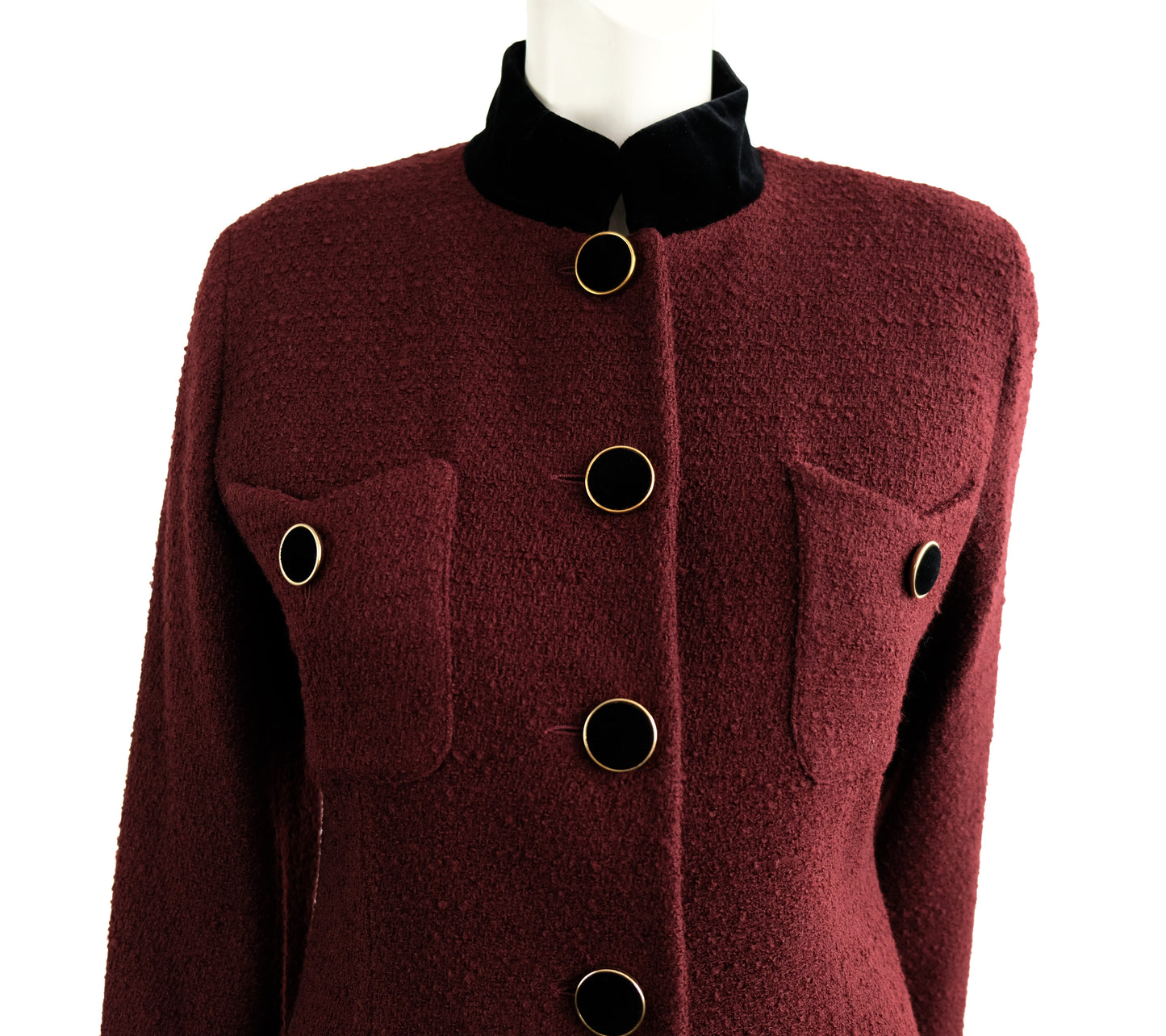 Karl Lagerfeld Vintage Skirt Suit in Burgundy Bouclé Wool with Velvet Trim, UK10-12