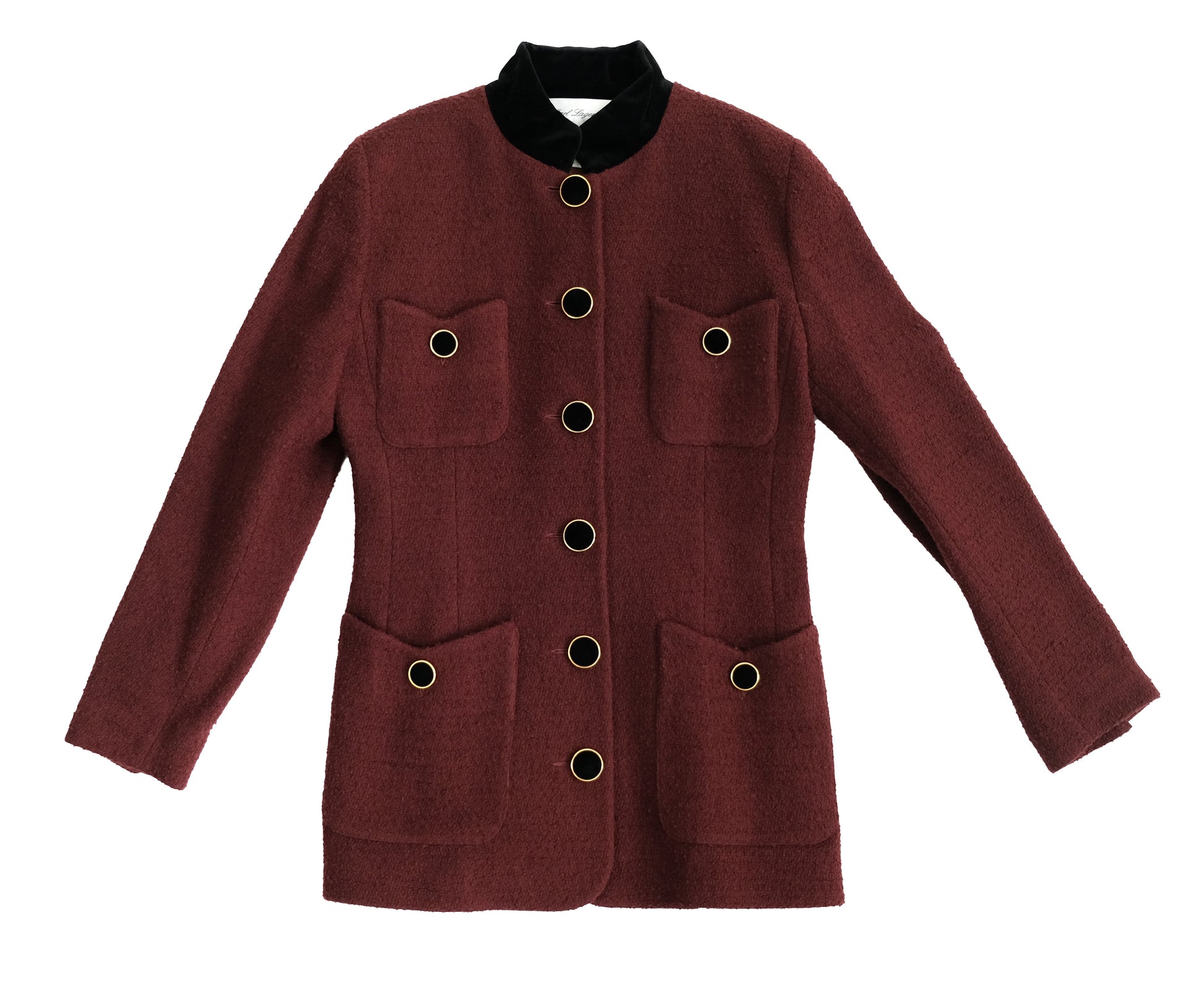 Karl Lagerfeld Vintage Skirt Suit in Burgundy Bouclé Wool with Velvet Trim, UK10-12