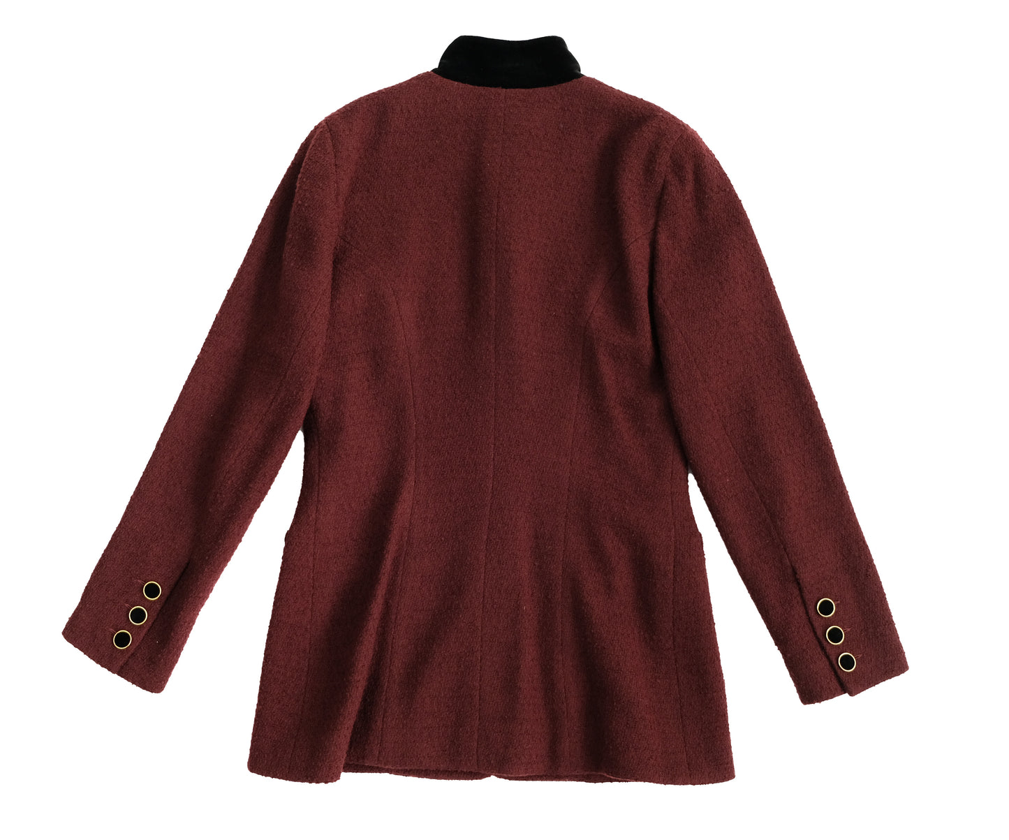 Karl Lagerfeld Vintage Skirt Suit in Burgundy Bouclé Wool with Velvet Trim, UK10-12