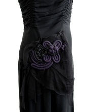 Vintage Ruched Cocktail Dress in Black Crepe with Appliqué Detail, UK8-10