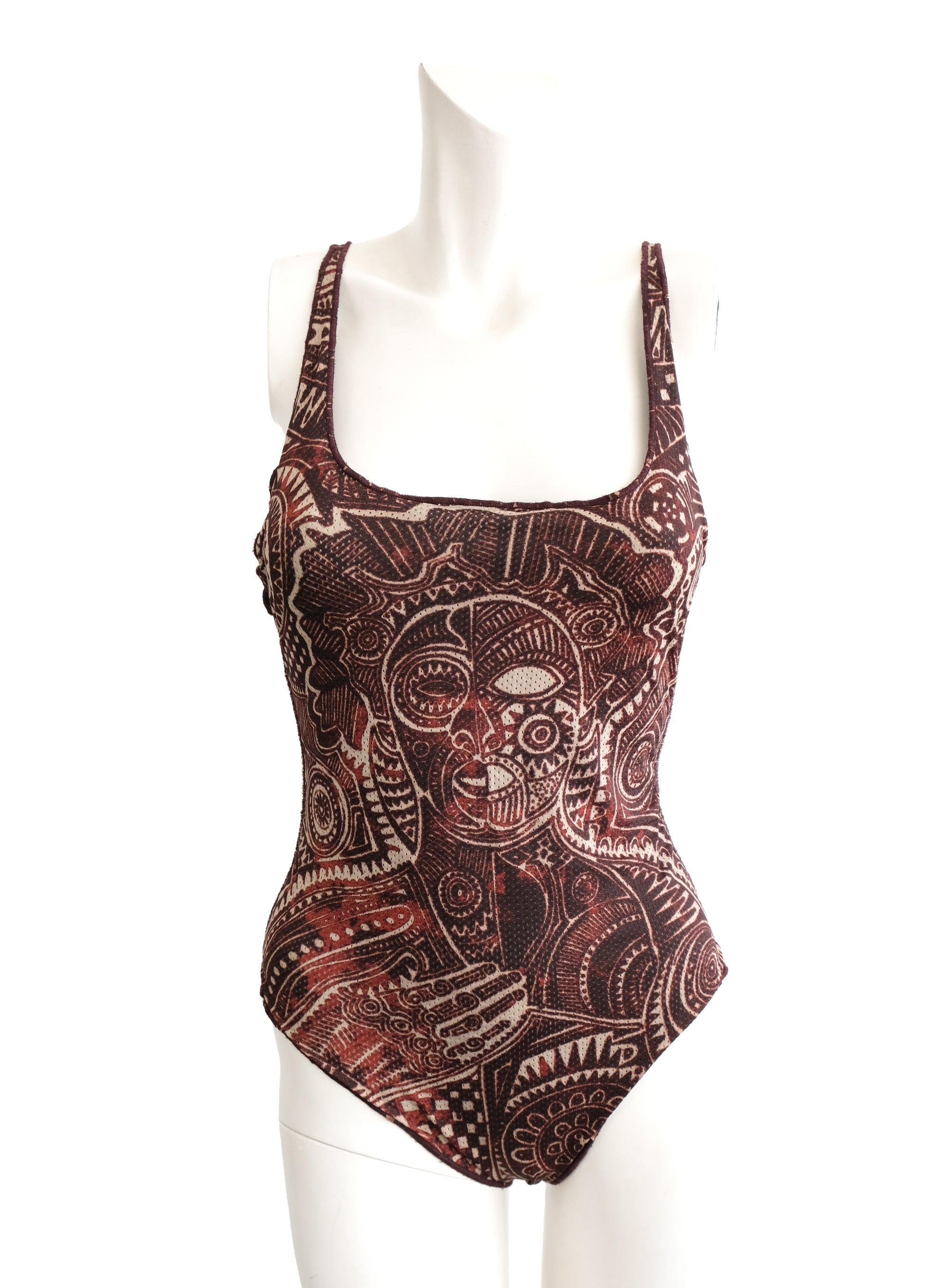 Jean Paul Gaultier Maille Vintage Swimsuit / Body in Tribal Tattoo Print, M-L