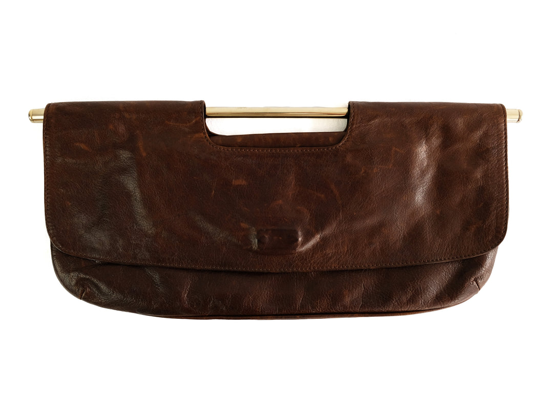 Marni Brown Leather Envelope Handbag with Gold Tone Bar Handle, M-L
