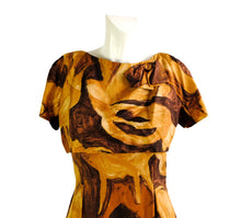 Jerimain 1960s Vintage Dress in Brown Abstract Print Silk, UK8-10