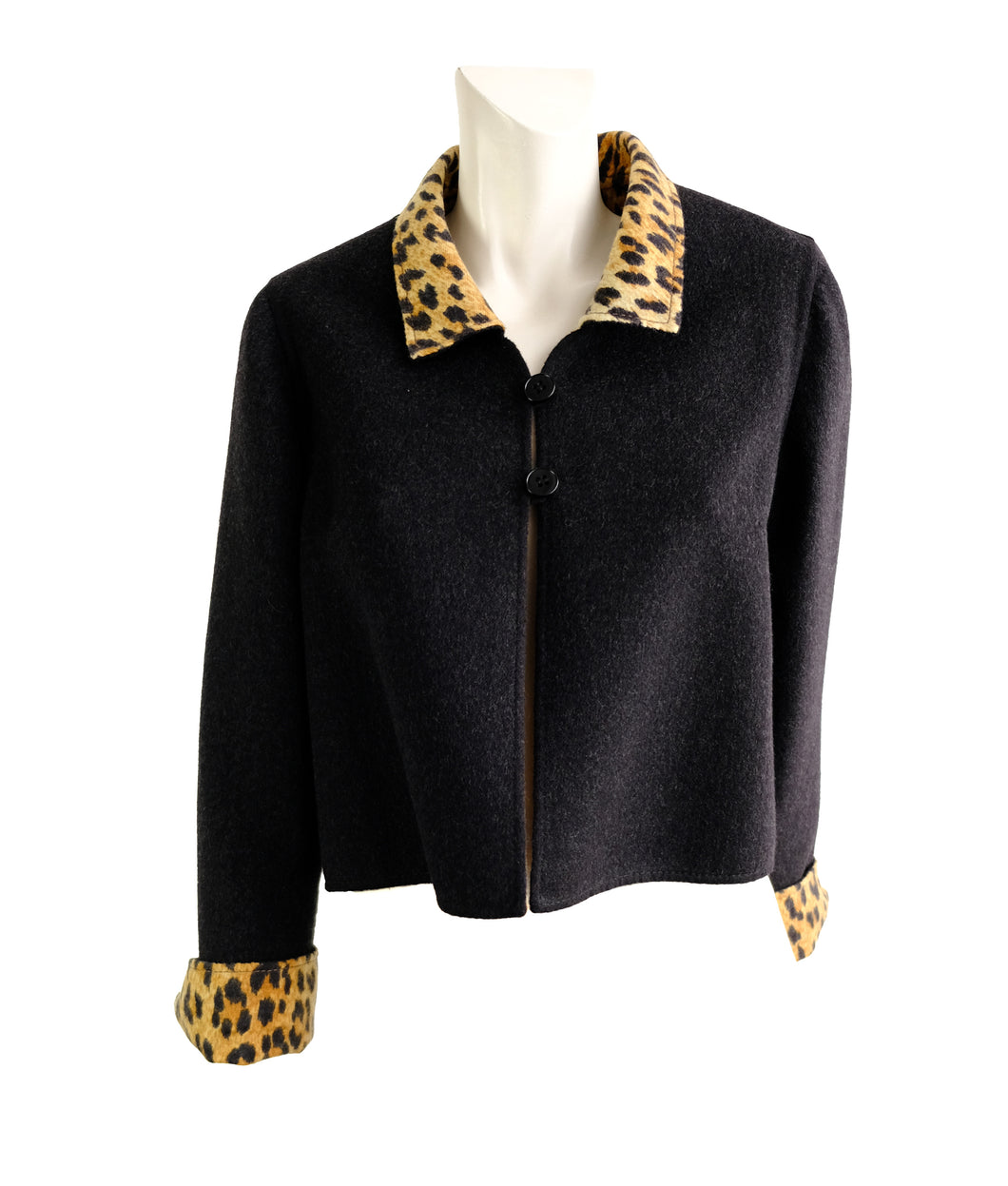 Valentino Reversible Jacket in Black Wool with Leopard Print, UK10-12