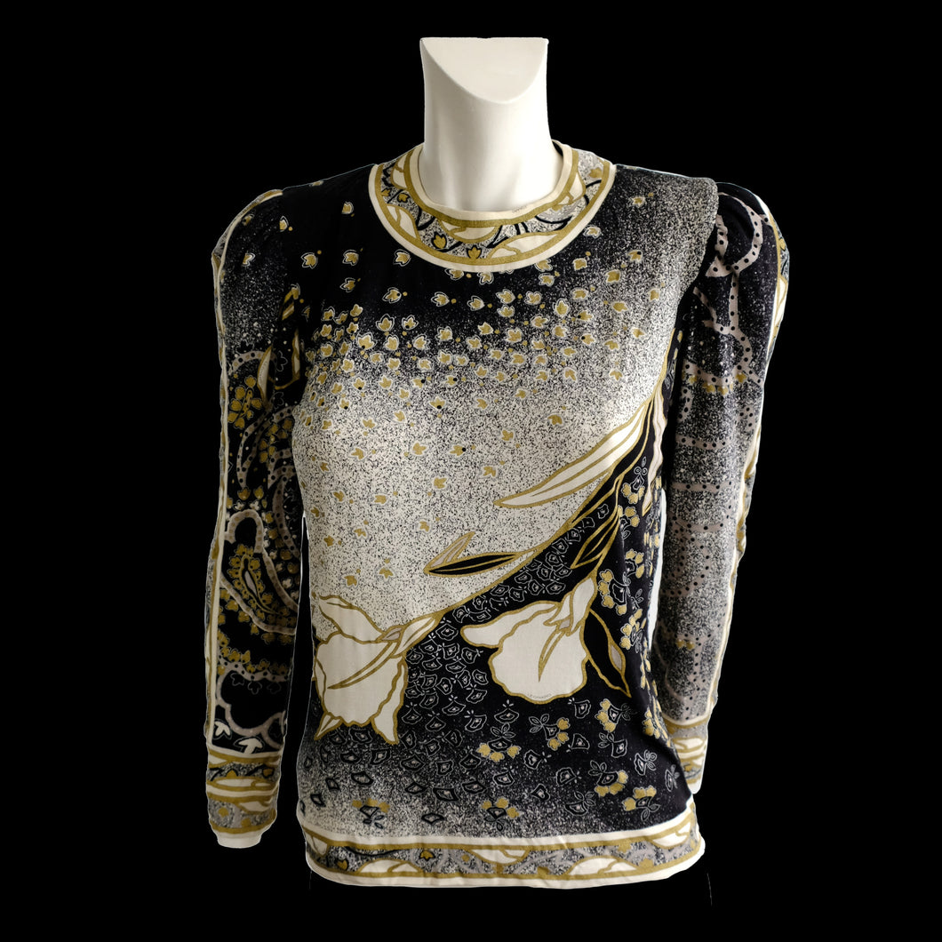 Leonard Paris Vintage Top in Black, White and Gold Silk, UK10