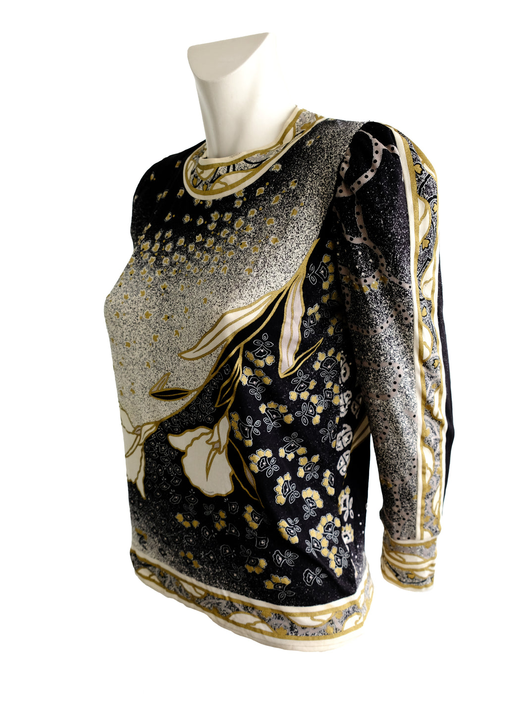 Leonard Paris Vintage Top in Black, White and Gold Silk, UK10