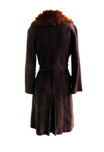 Loewe 1846 Vintage Wrap Coat in Brown Suede with Fur Collar, UK8-10
