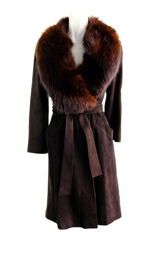 Loewe 1846 Vintage Wrap Coat in Brown Suede with Fur Collar, UK8-10