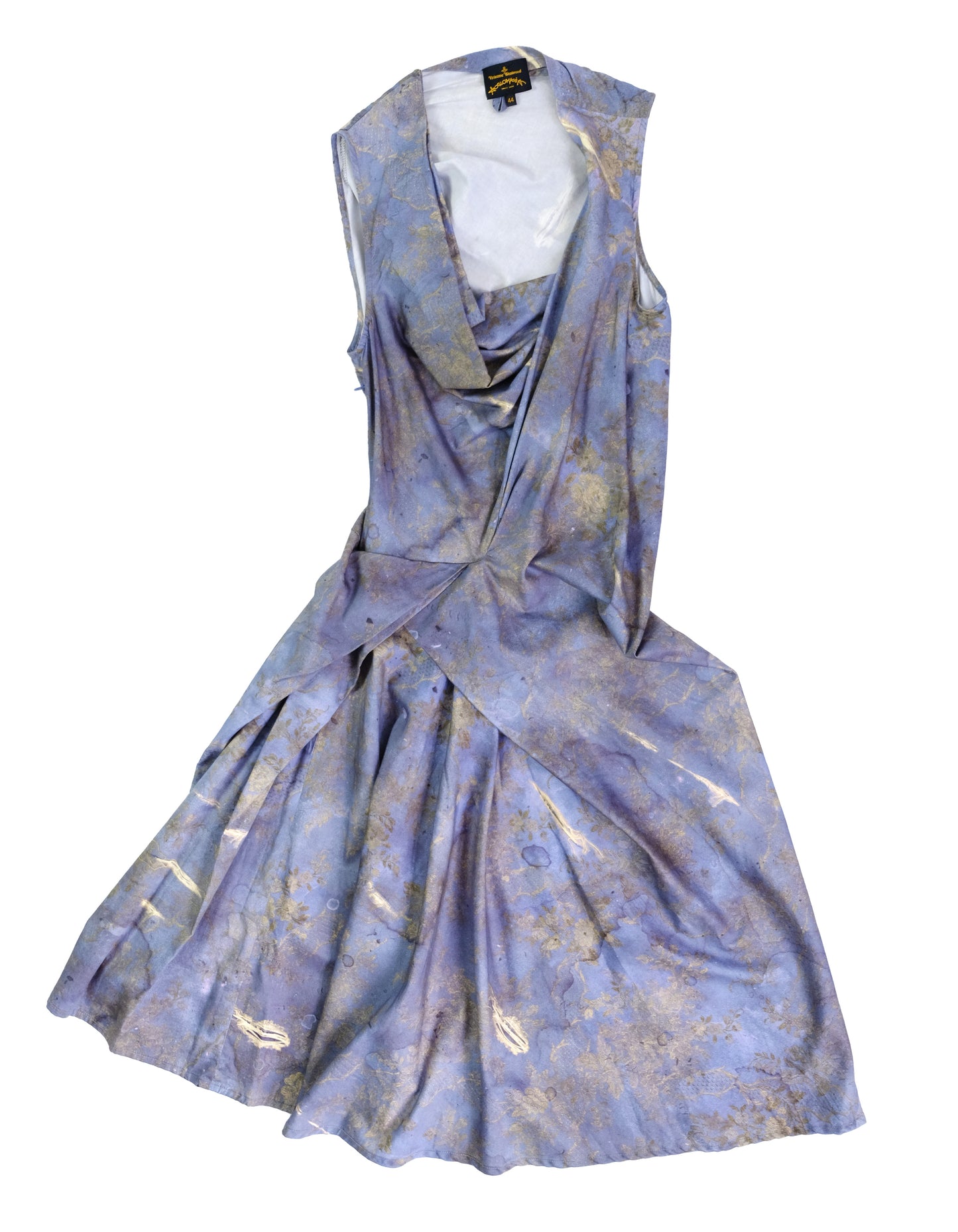 Vivienne Westwood Sleeveless Drape Dress in Blue and Gold Damask Print, UK12