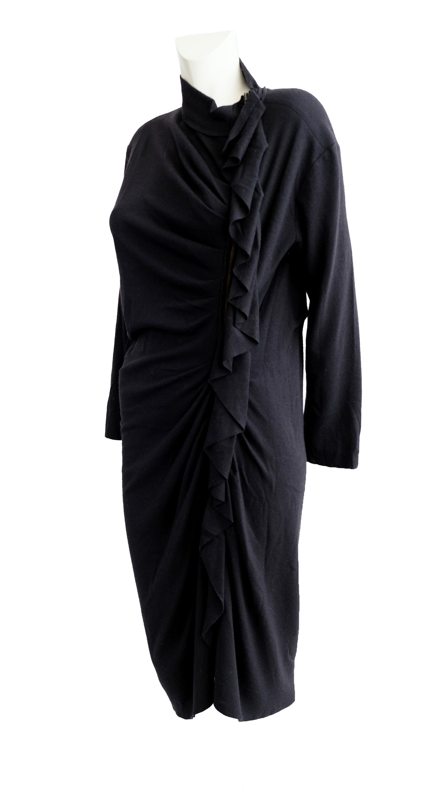 Lanvin Hiver 2009 Asymmetric Ruffle Zip Dress in Black Wool & Cashmere, UK12