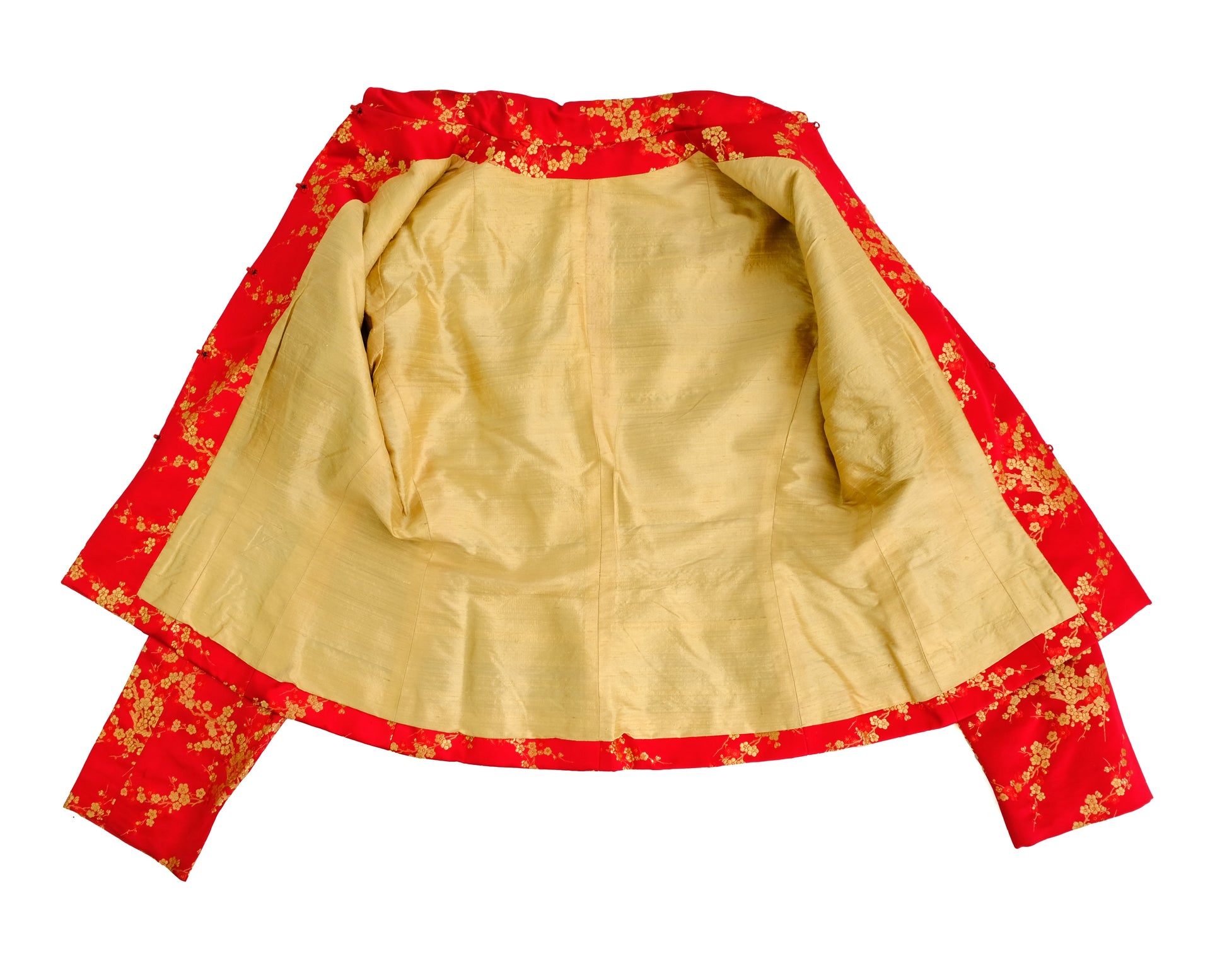 Handmade Vintage Skirt Suit in Red and Gold Chinese Silk, UK10