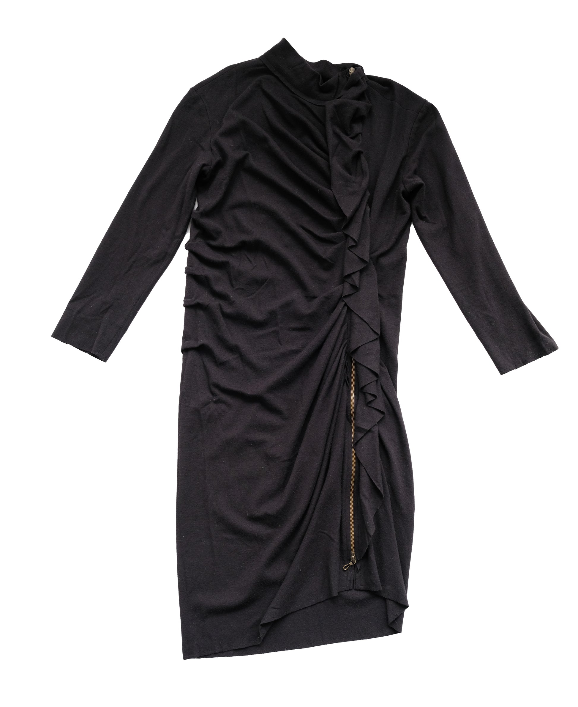 Lanvin Hiver 2009 Asymmetric Ruffle Zip Dress in Black Wool & Cashmere, UK12