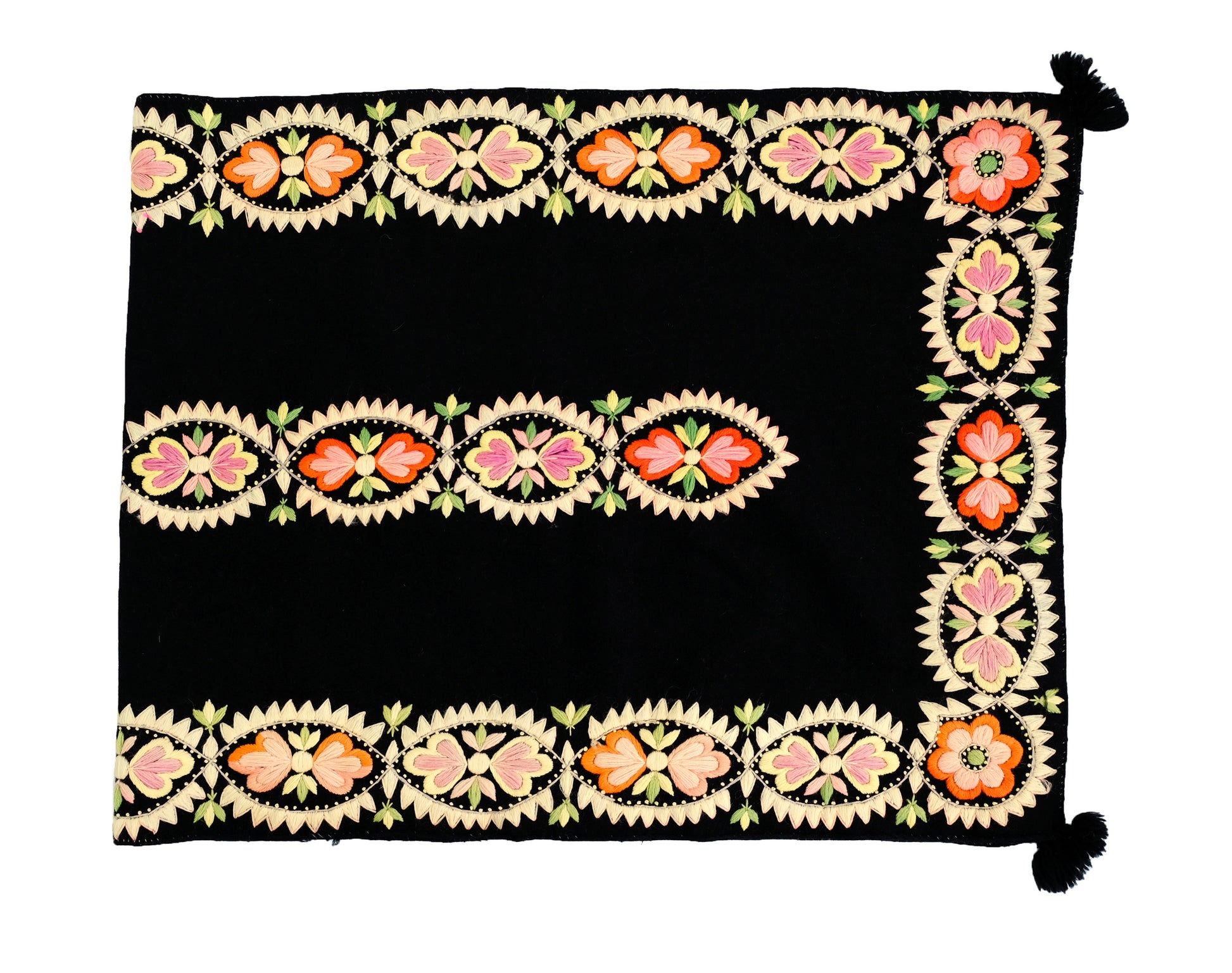 Vintage Folk Embroidered Black Shawl or Throw