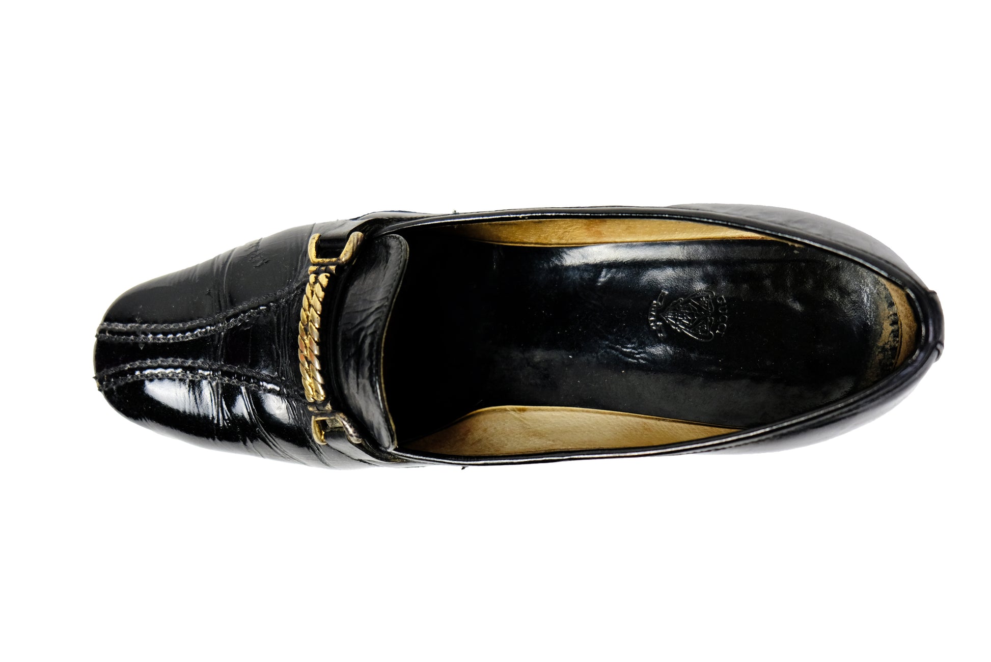 Gucci 1960s Vintage Shoes in Black Patent Leather with Gilt Chain Details, EU39