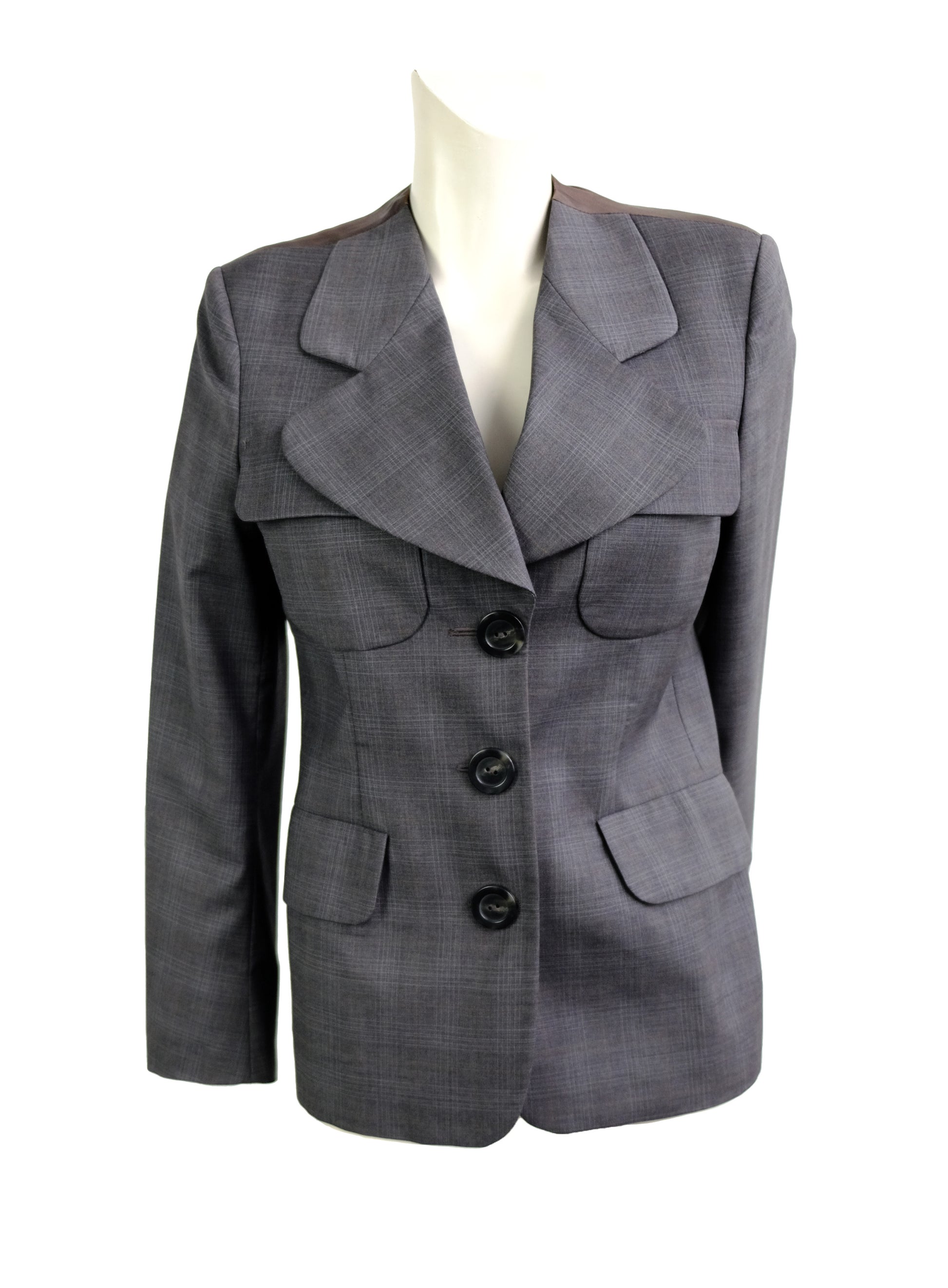 Margiela Tailored Jacket in Grey Check Wool with Curved Lapels, UK12