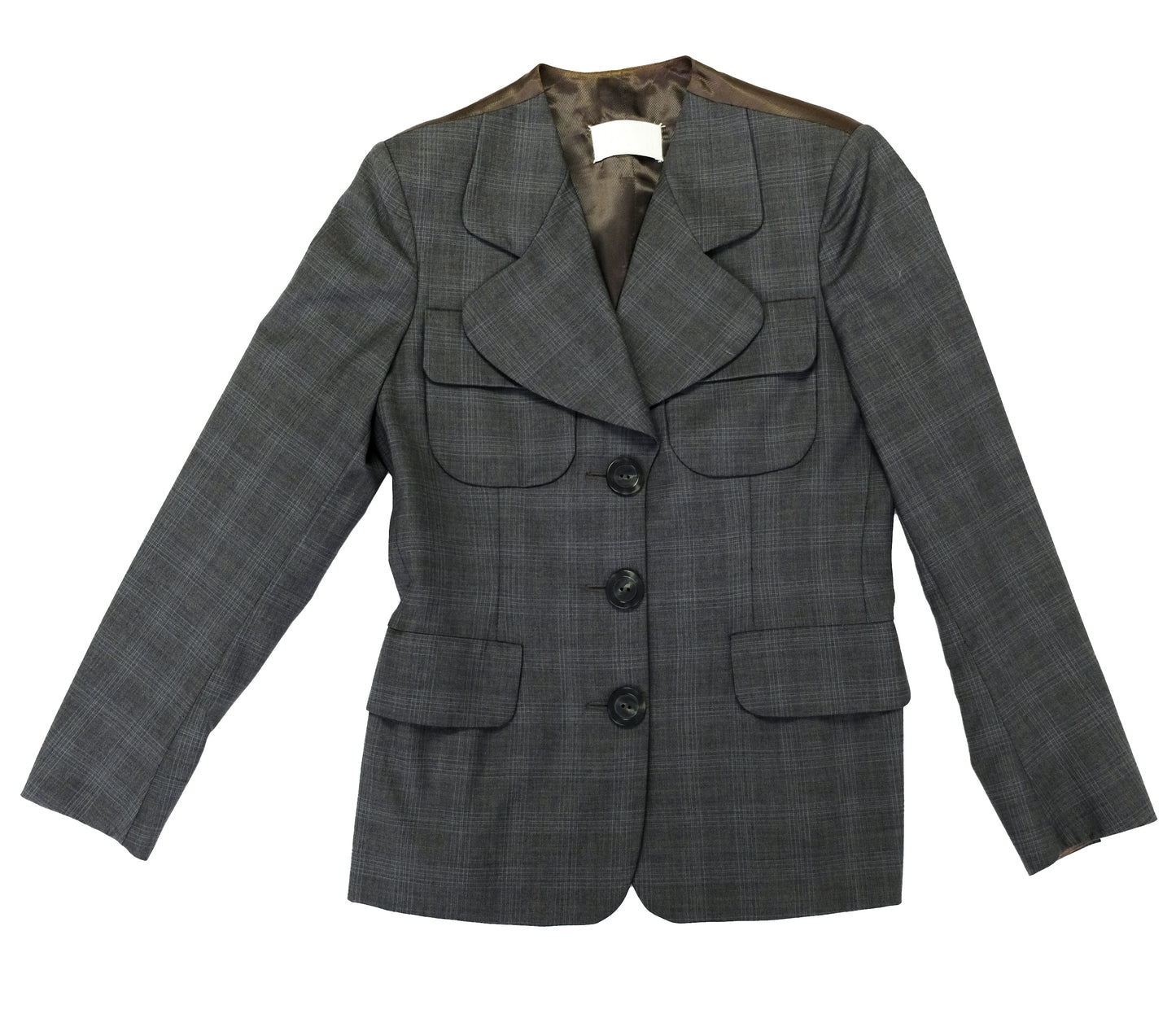 Margiela Tailored Jacket in Grey Check Wool with Curved Lapels, UK12